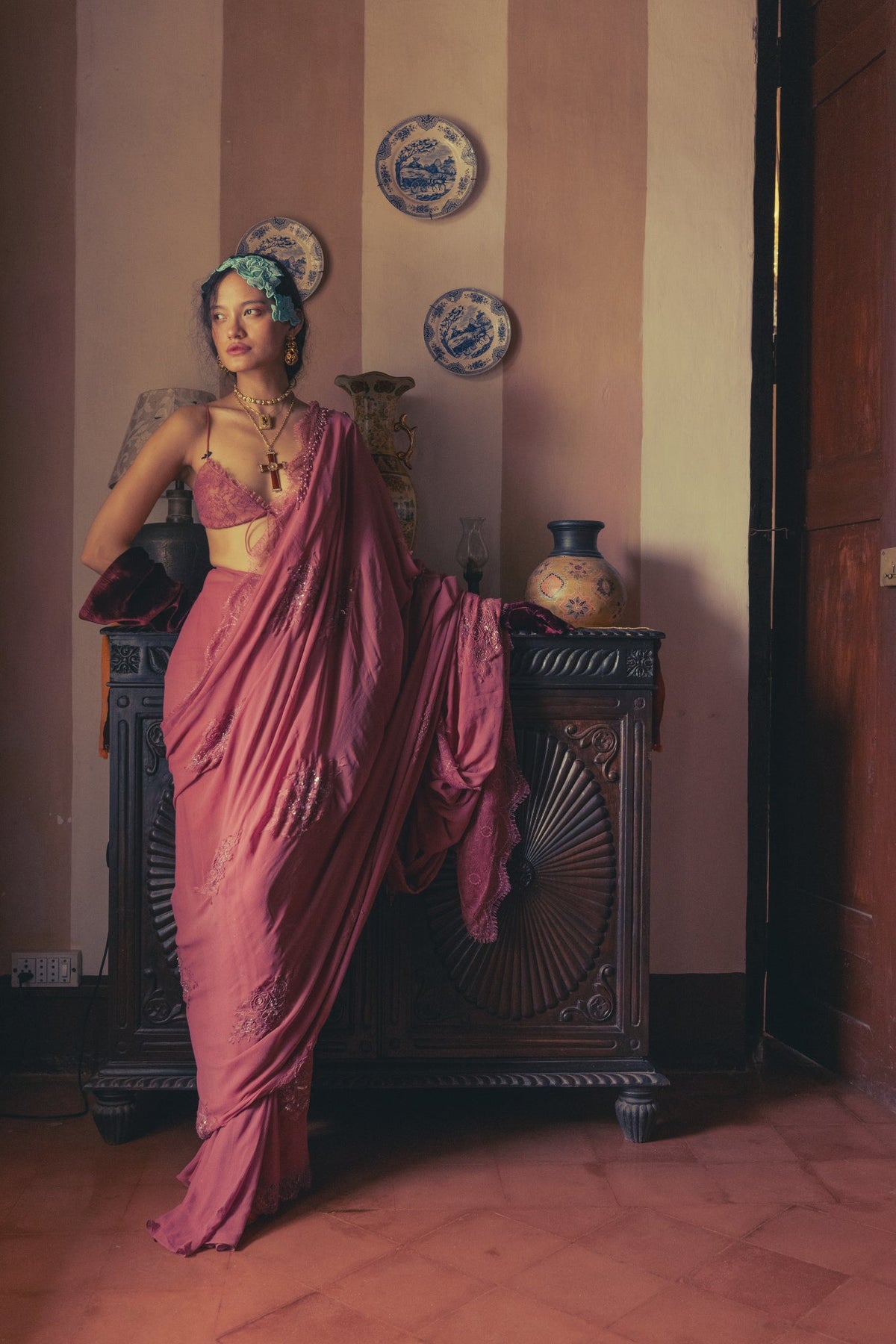 Vintage Rose, Zardosi & Bead Embroidery, Silk Georgette & Lace, Pre-Pleated Sari Set, Bralette Silhouette