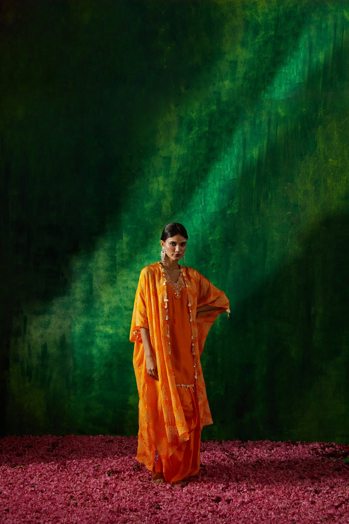 Bandhni cape set with chanderi kurta and dhoti skirt