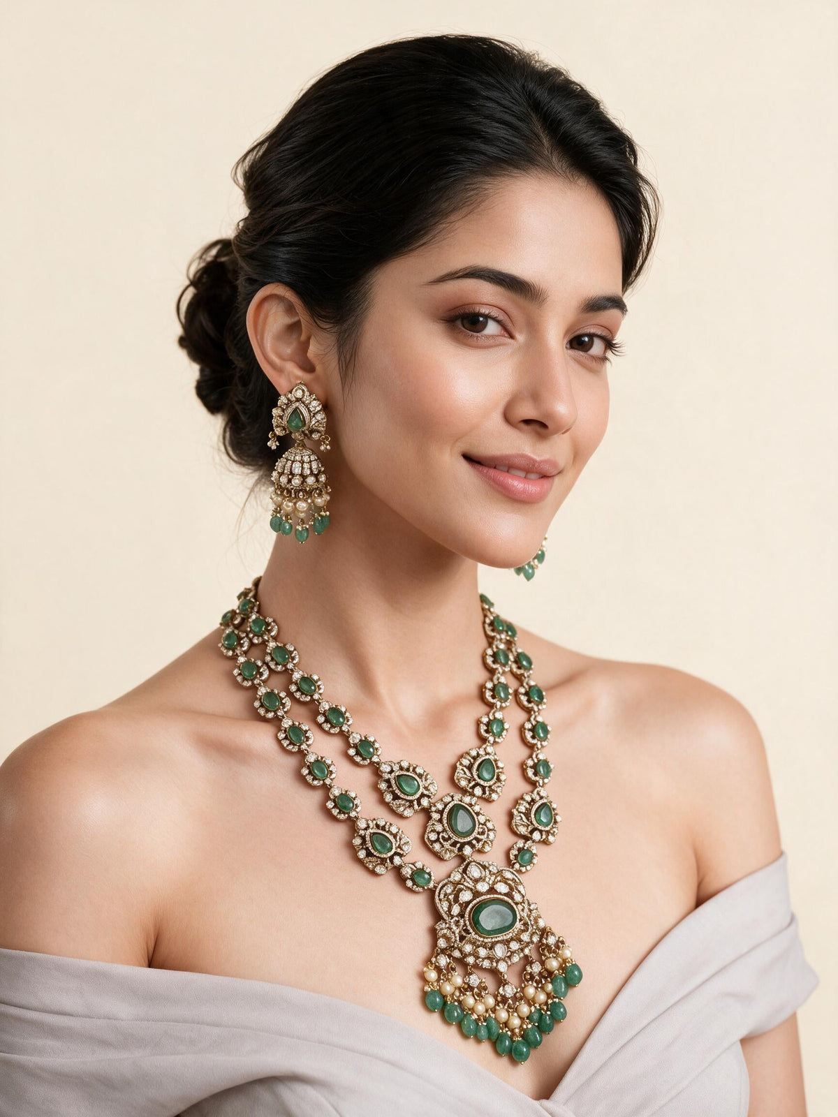 Sage Green Moissanite Long Two-Layered Necklace Set