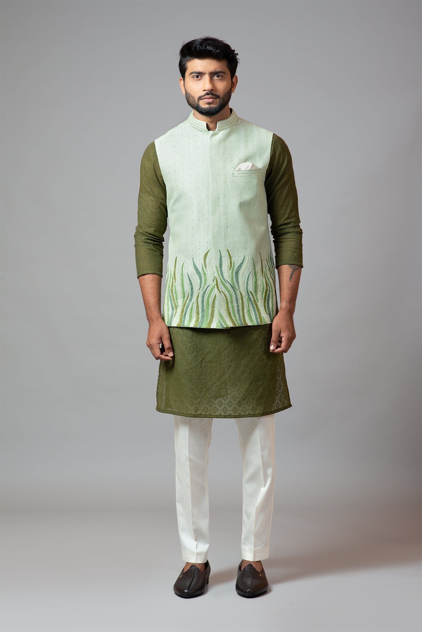 Olive Green Chanderi Kurta With Stitchlines Nehru Set