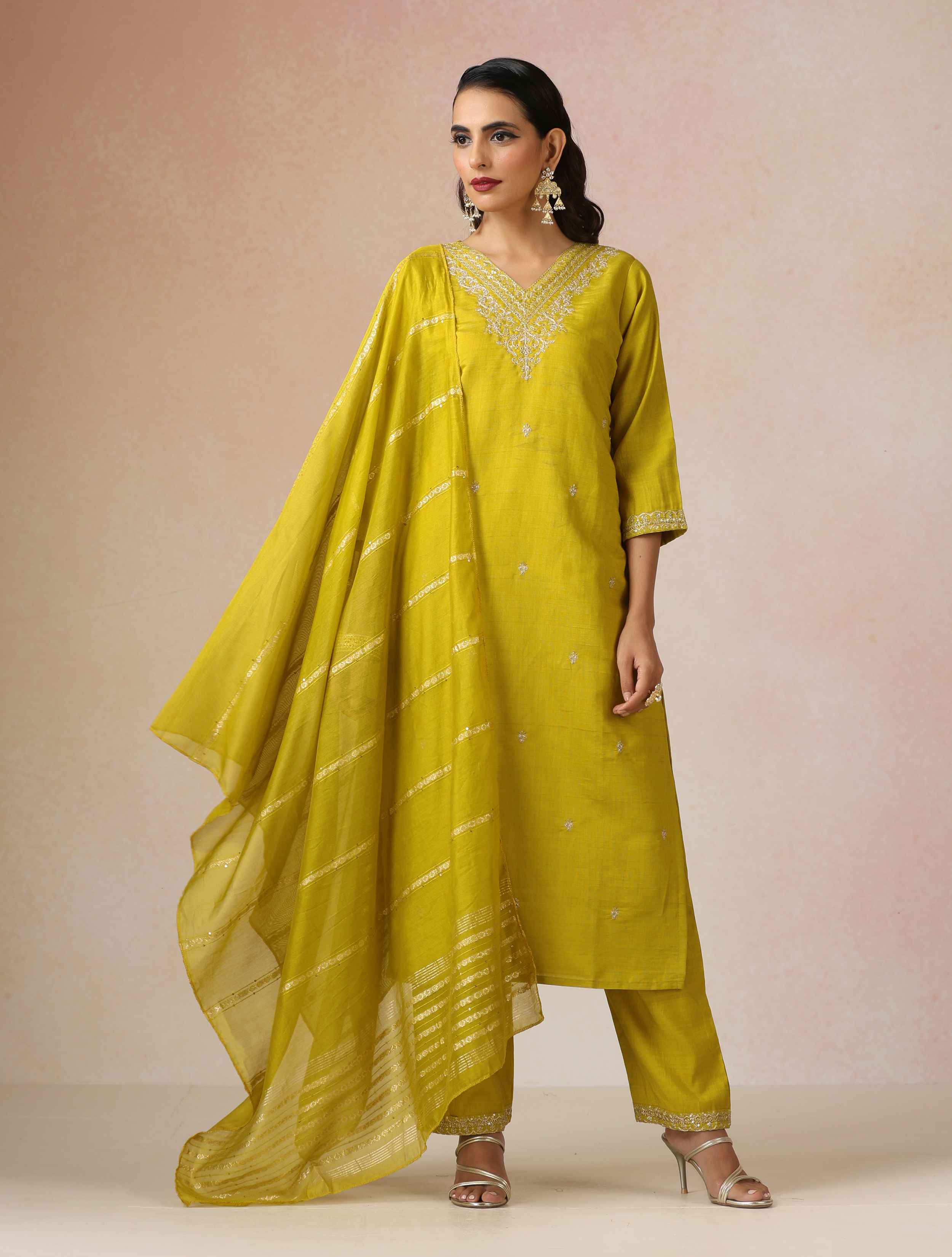 trueBrowns Lime All Over Embroidered Straight Kurta 3pc Set
