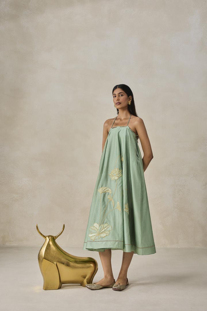 Elegant Sage Green Midi Dress in Flowy Chanderi Fabric