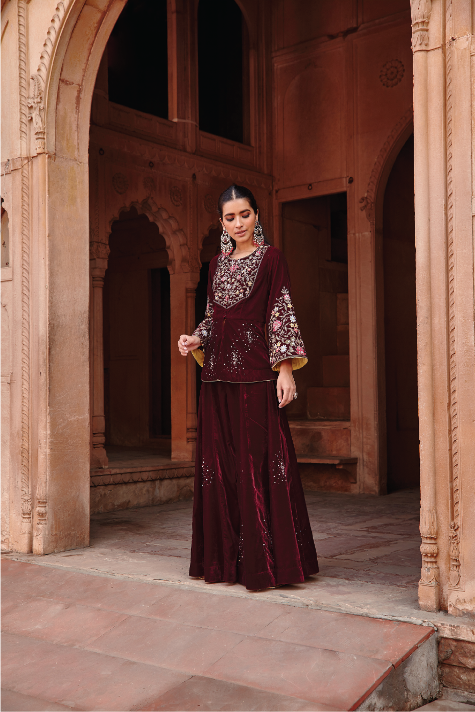Afreen Wine Velvet Embroidered Jacket and Sharara Set - Festive Wear