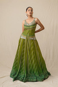 Green ombre printed bandhej lehenga set