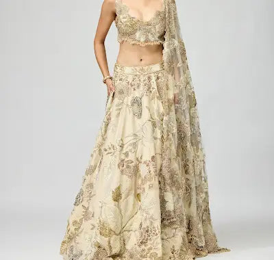 Ivory Embellished Viscose Tissue Lehenga Set for Festive Occasions