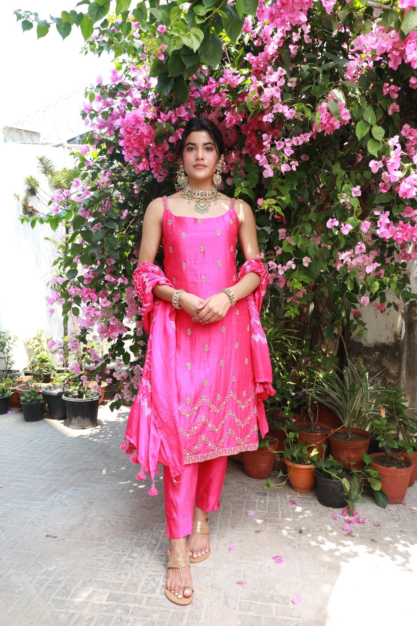 Embroidered kurta set with leher Bandhni Dupatta