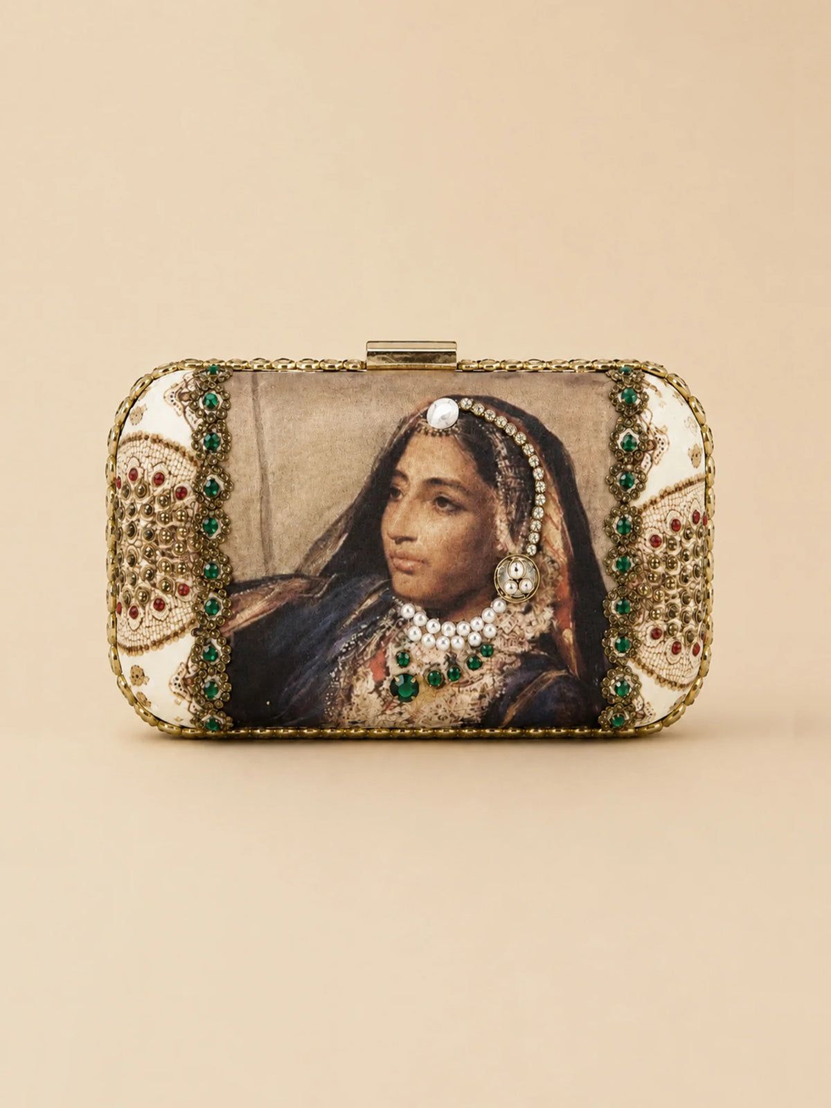 Maharani Portrait Embellished Clutch Bag with Pearl & Green Stone Detail