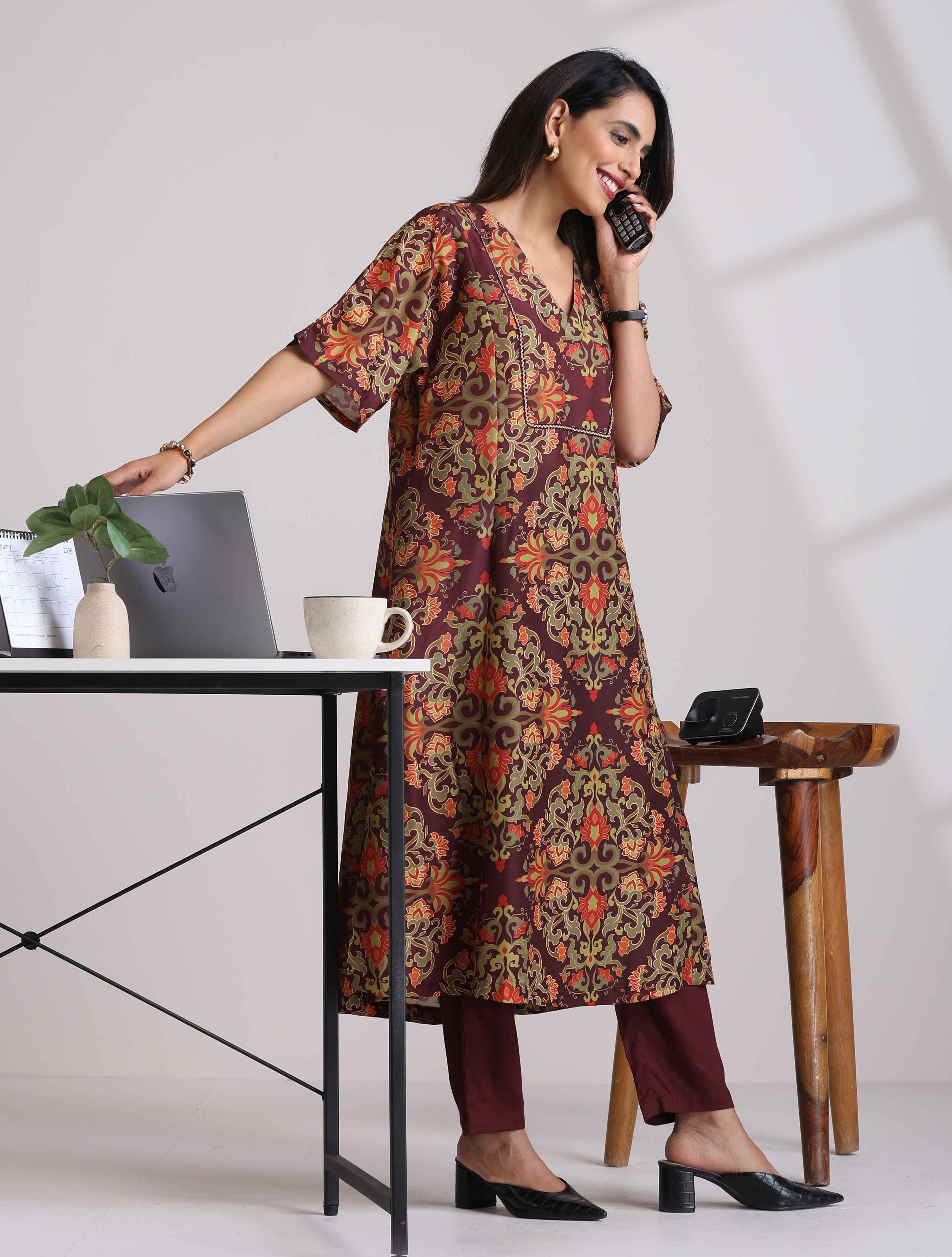 trueBrowns Brown Floral Print Kaftan Kurta Set