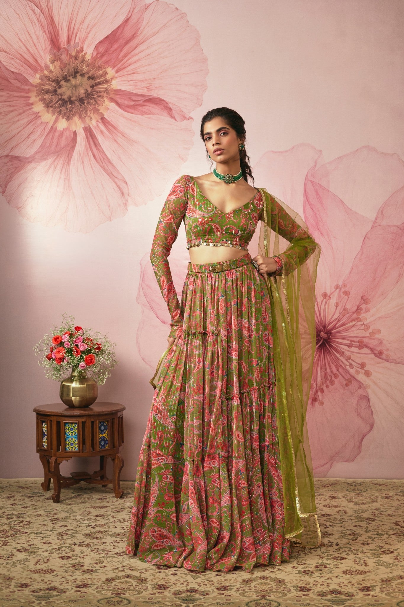 GREEN PAISLEY PRINTED LEHENGA SET