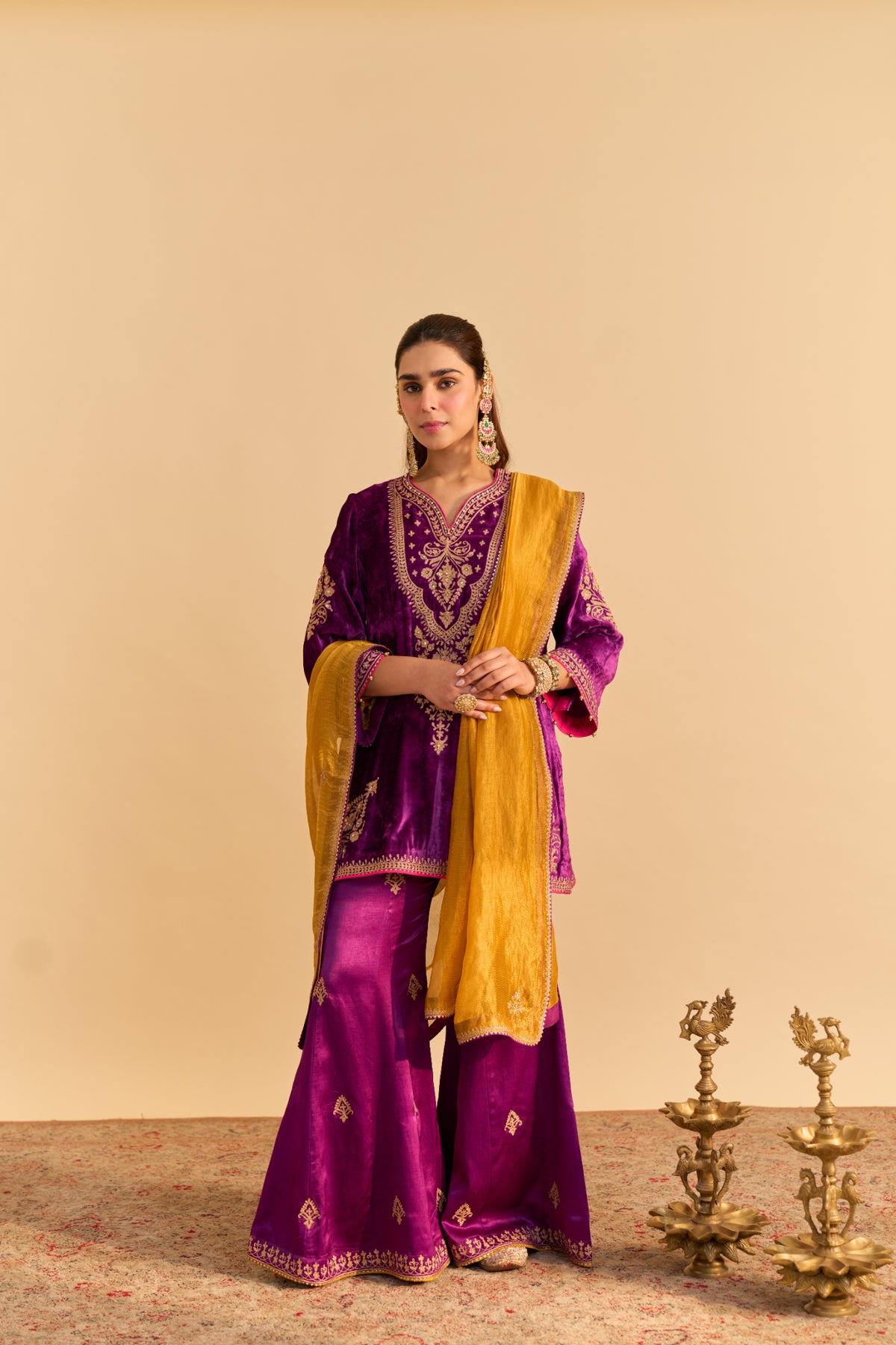 Deep Purple Velvet Kurta Set with Flared Palazzo & Dupatta