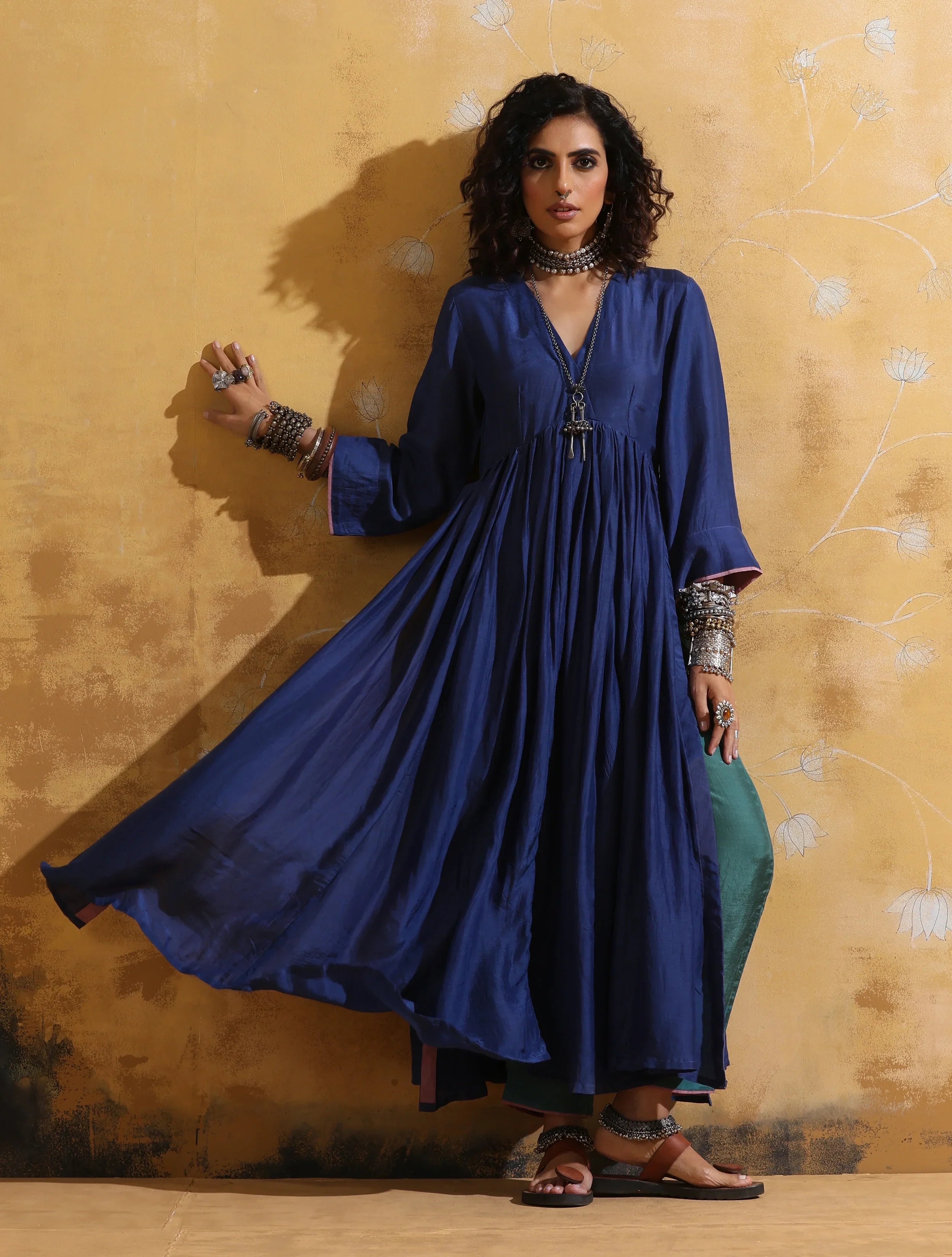 trueBrowns Blue Muslin Silk Arkali Kurta Pant Set