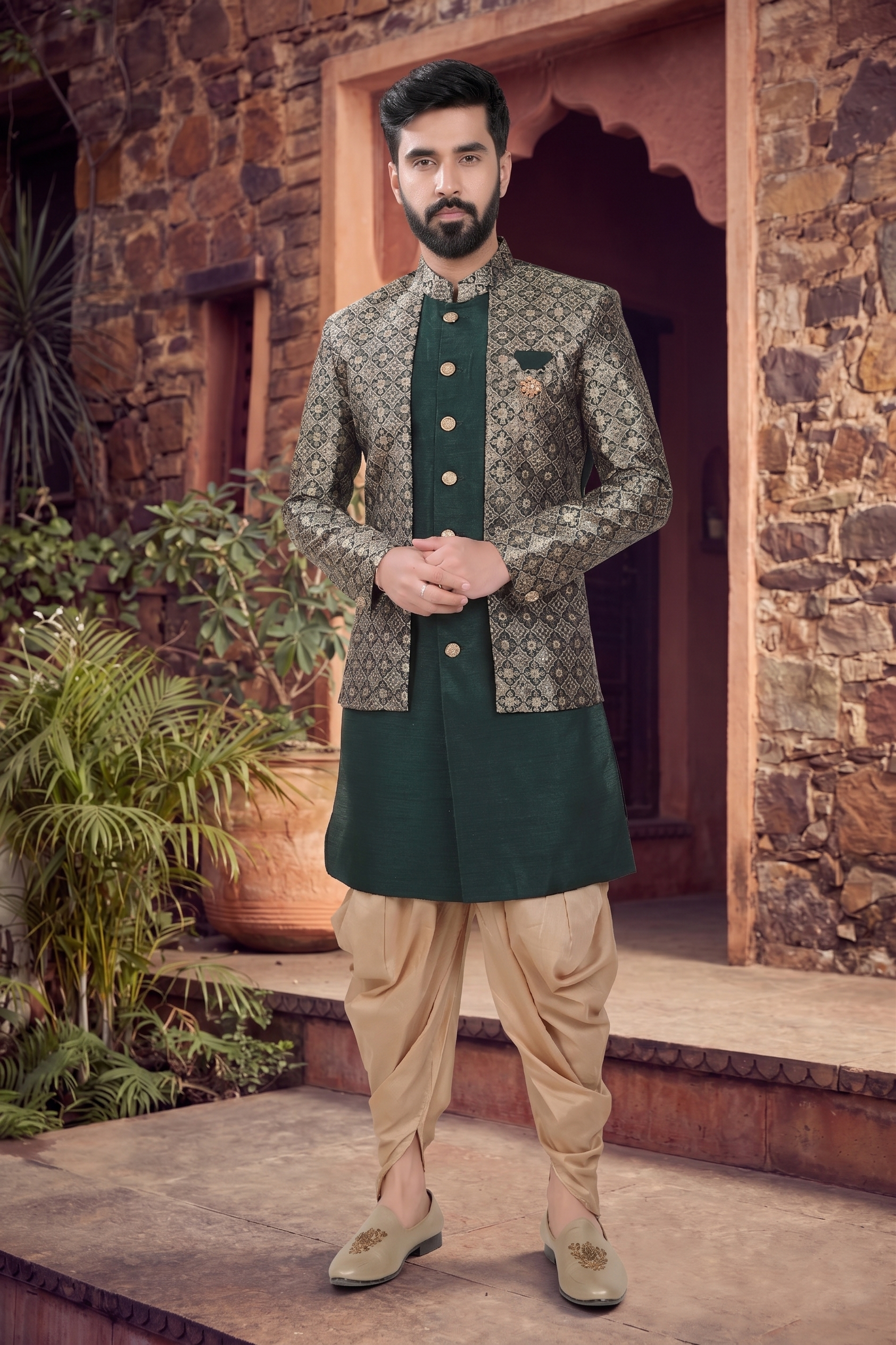 Men's SILK GREEN  SEMI-INDO-WESTERN