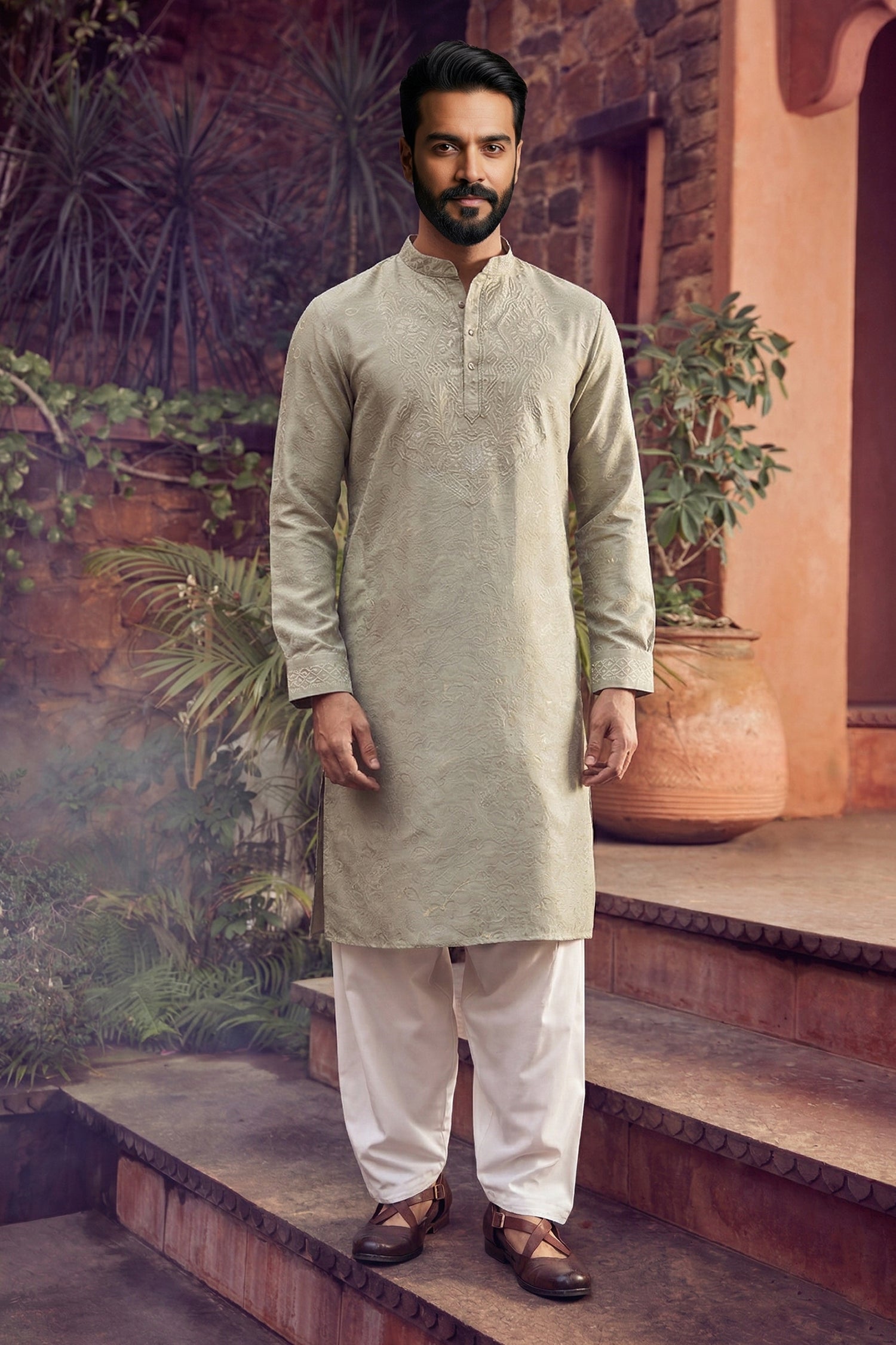 Men's Viscose Cream Woven,Embroidery Work Kurta with payjama
