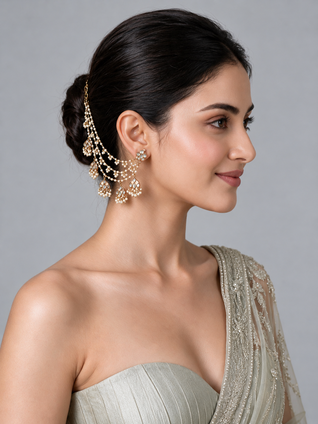 Pearl Kundan Layered Earchain