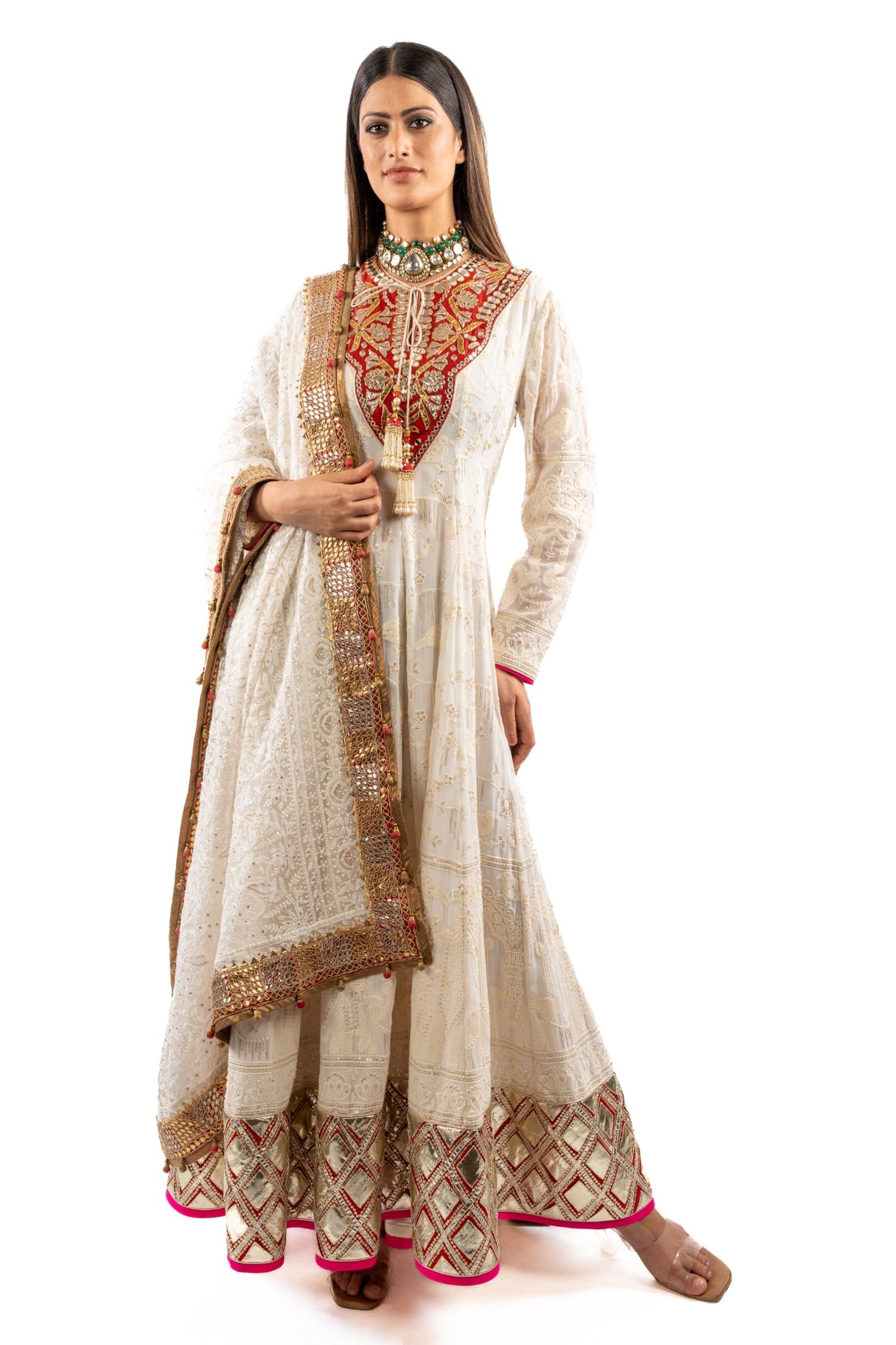 Ivory Heritage Anarkali Set with Mirrorwork Yoke