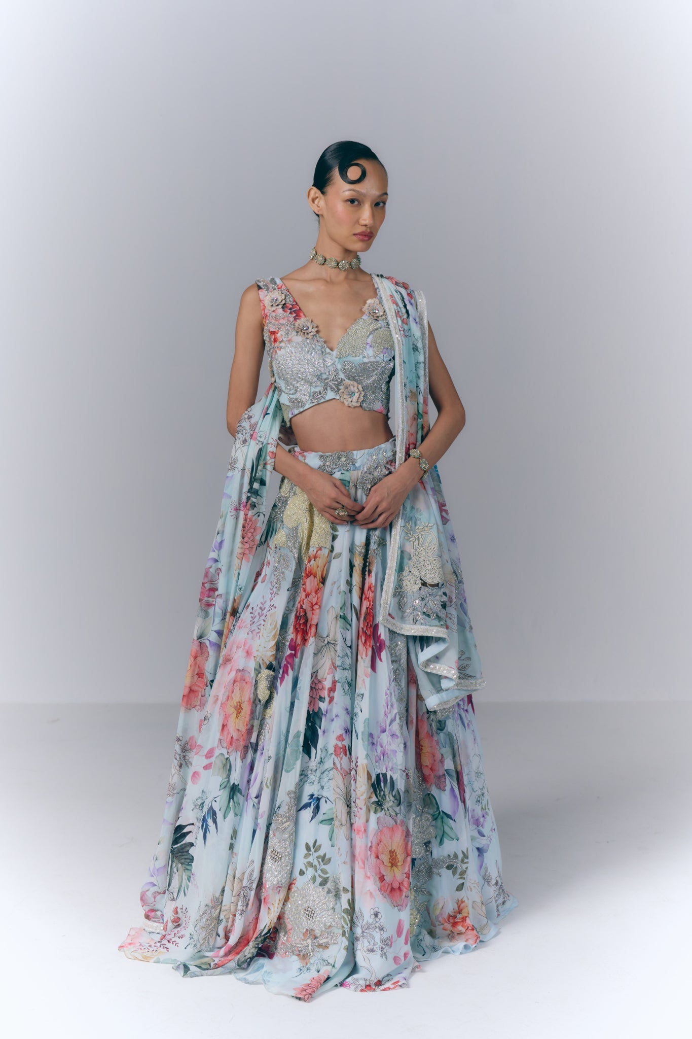 Ivory Aqua Bloom Lehenga Set