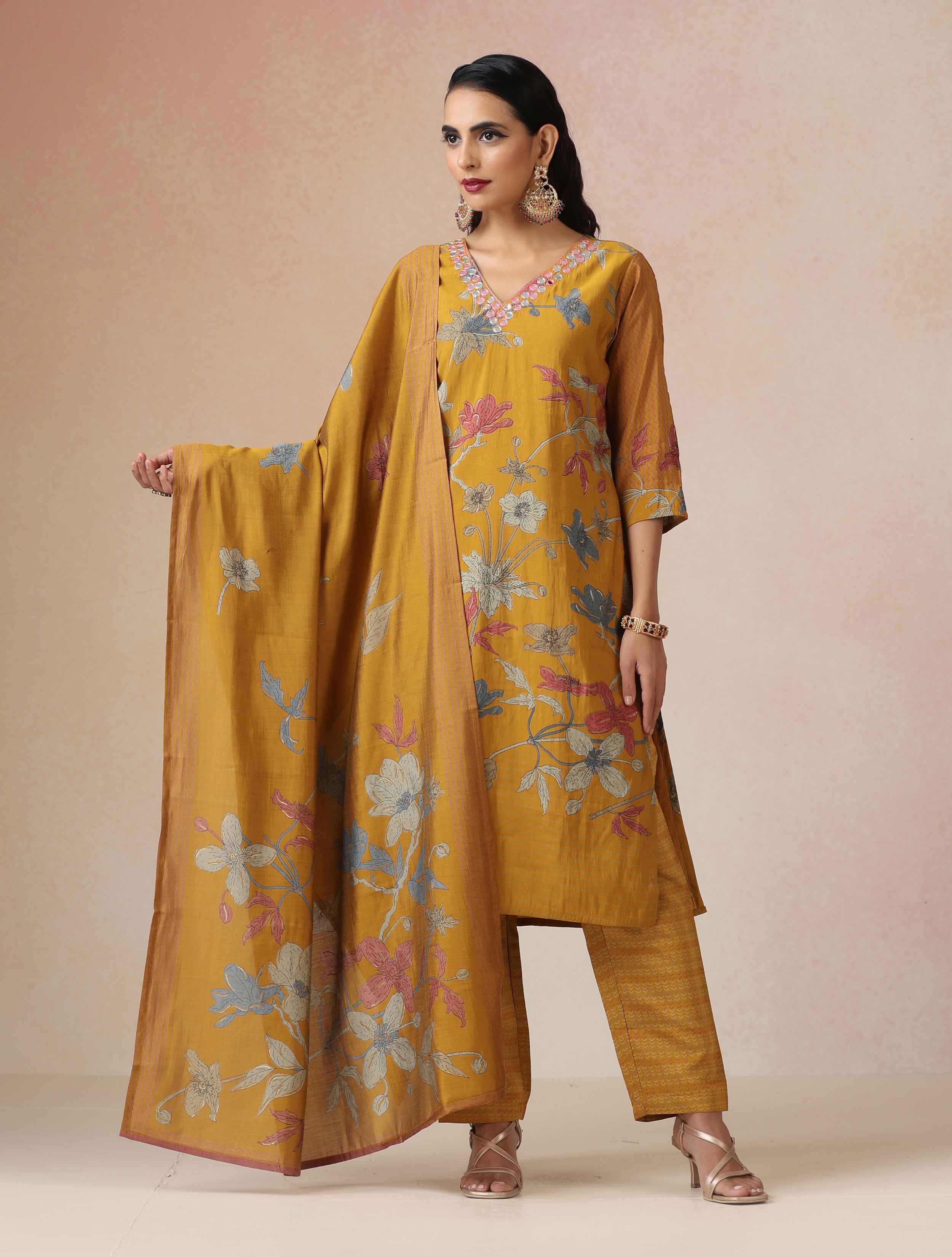 trueBrowns Yellow Embroidered Straight Kurta 3pc Set