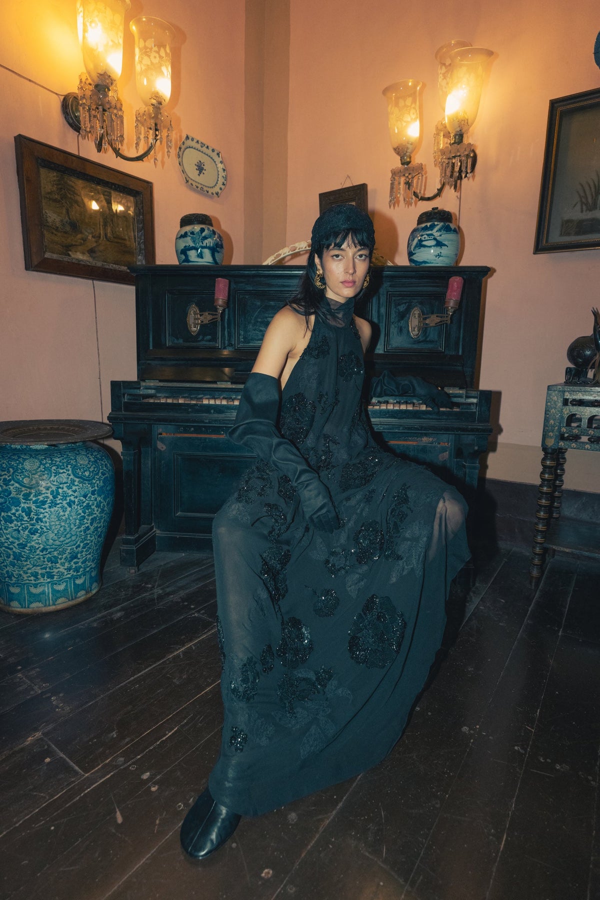 Black, Persian Embroidery, Silk Georgette & Tulle, Full-Length Dress, Sheath Silhouette