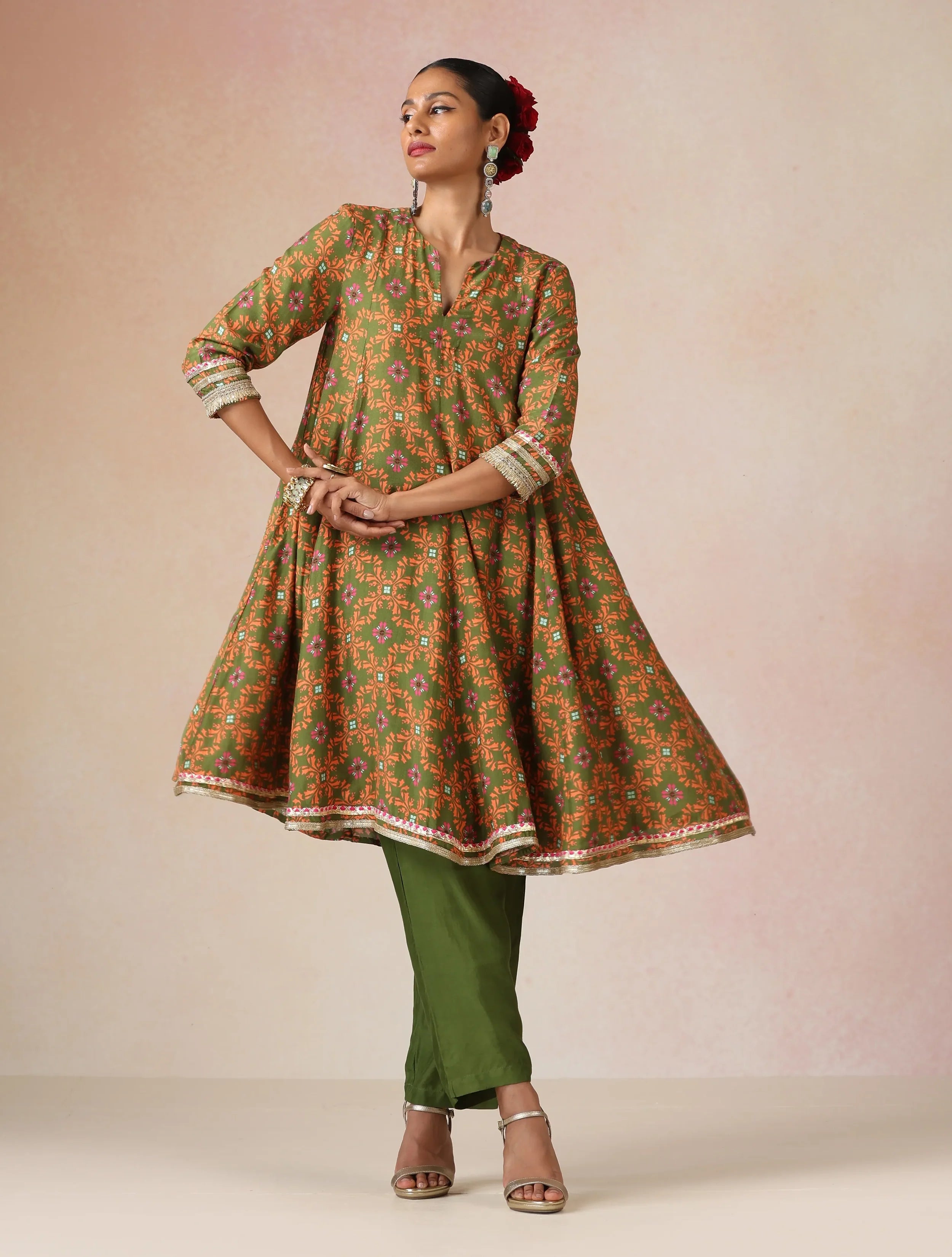 trueBrowns Dark Green Orange Jaal Print Viscose Flared Kurta Co-ord Set