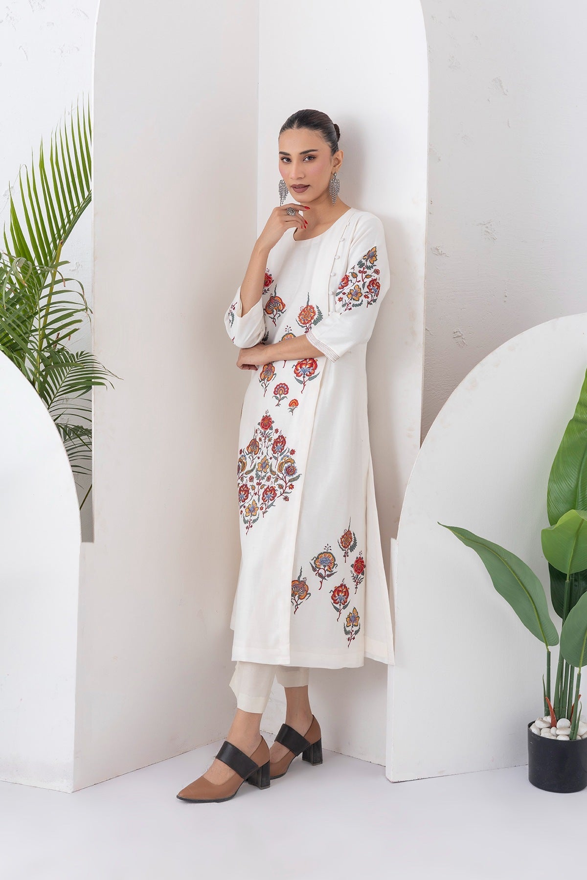 Ivory Silk Chanderi Printed Side Panel Dress Set (2 PCS)