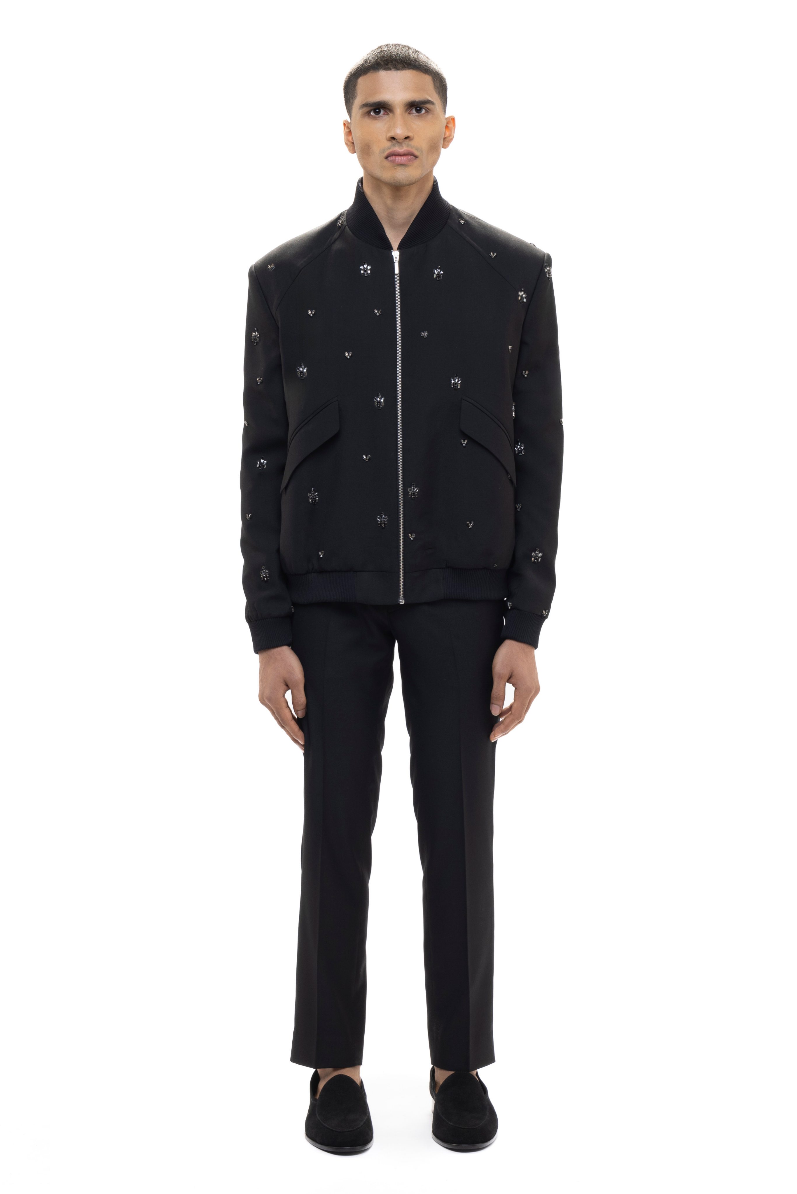 Black Worsted Wool Motifs Embellished Bomber Jacket