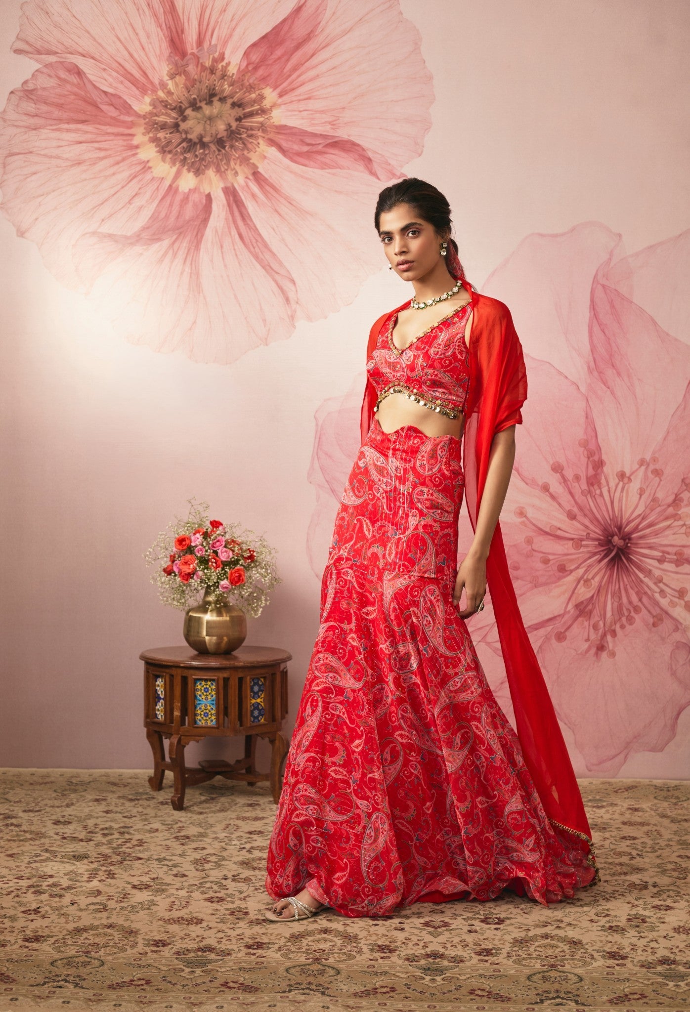 RED PAISLEY PRINTED FISH CUT LEHENGA SET