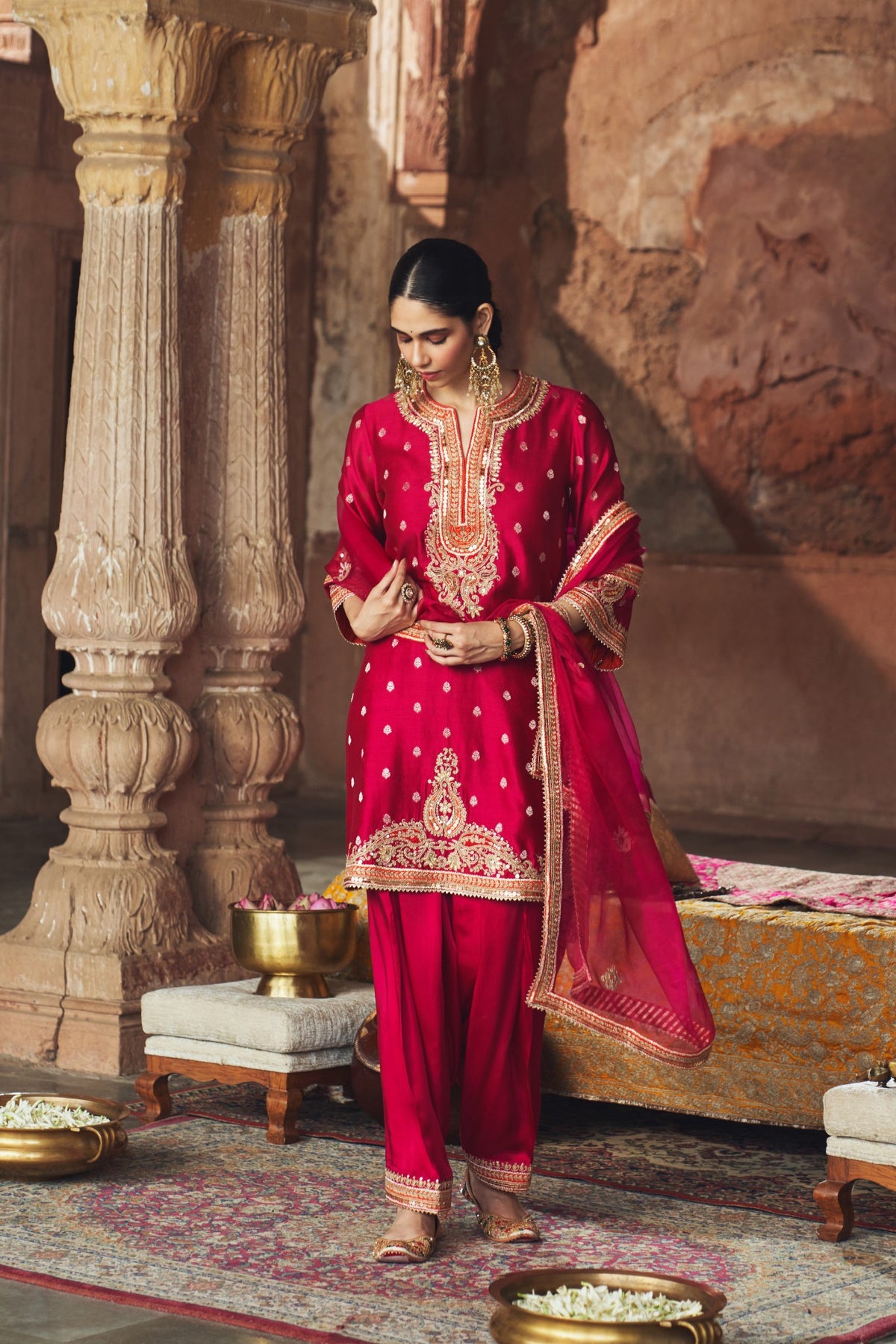 Hot Pink Banarasi Silk Kurta Salwar Set with Organza Dupatta