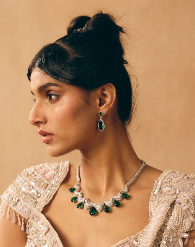 Emerald Teardrop Necklace Set with Drop Earring