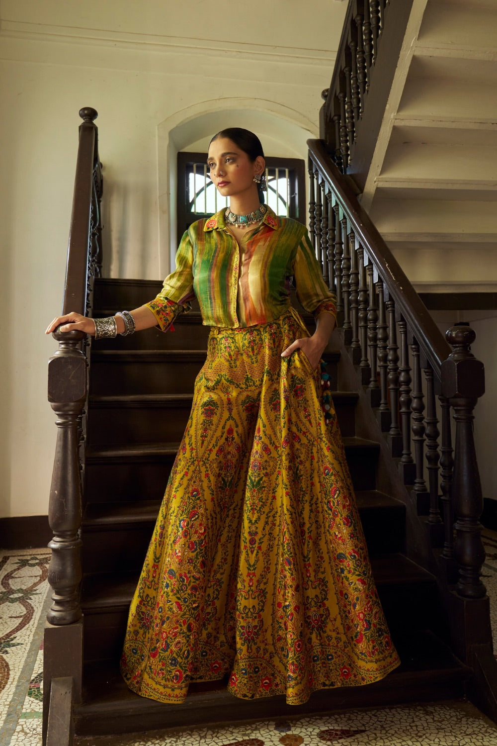 Yellow printed silk Indo Western