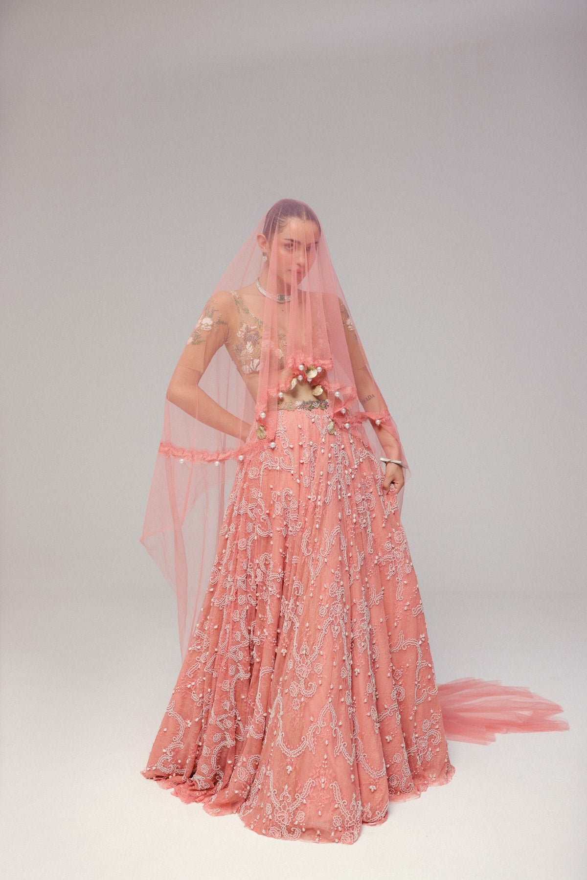 Pearl & Shell Embroidery, Stretch Tulle & Corded Lace with Silk, Skirt Set, Underwired Blouse Silhouette