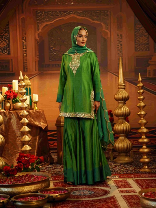 dual tone green chanderi silk gharara set - image 1