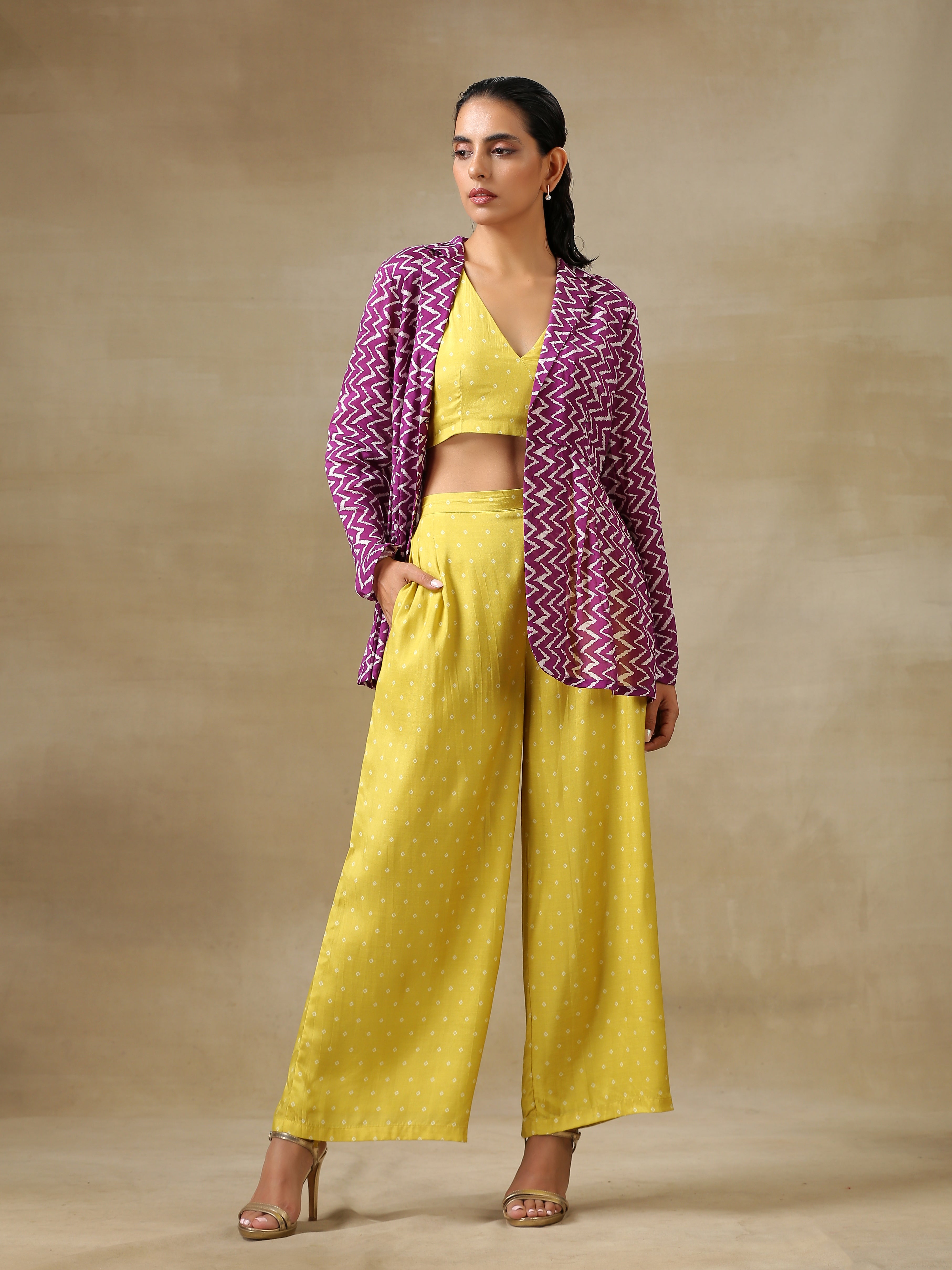 Lime Green Bandhani Printed Silk Top Pant with Purple Printed Jacket Set
