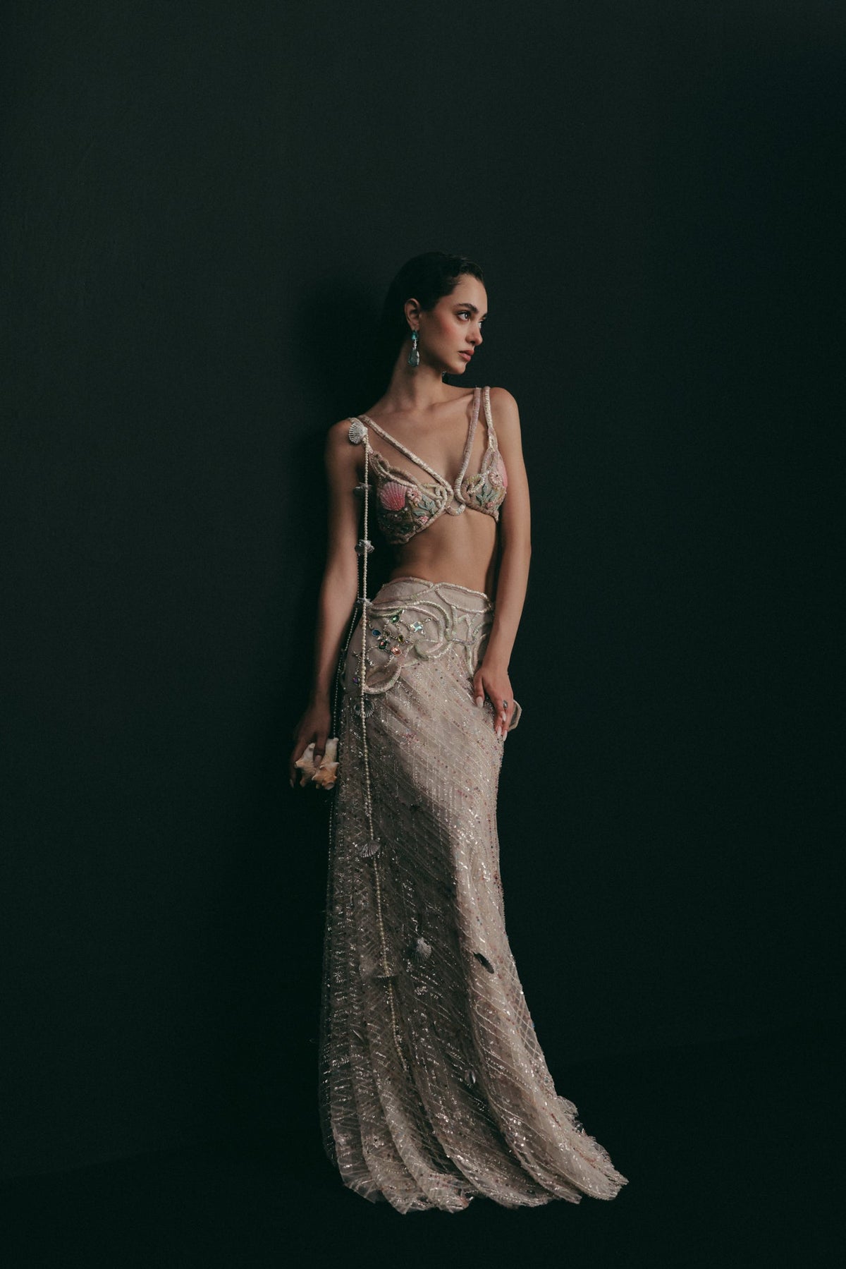 Beaded & Mukaish Embroidery, Tulle & Silk with Lace Detailing, Skirt Set, Crop Silhouette