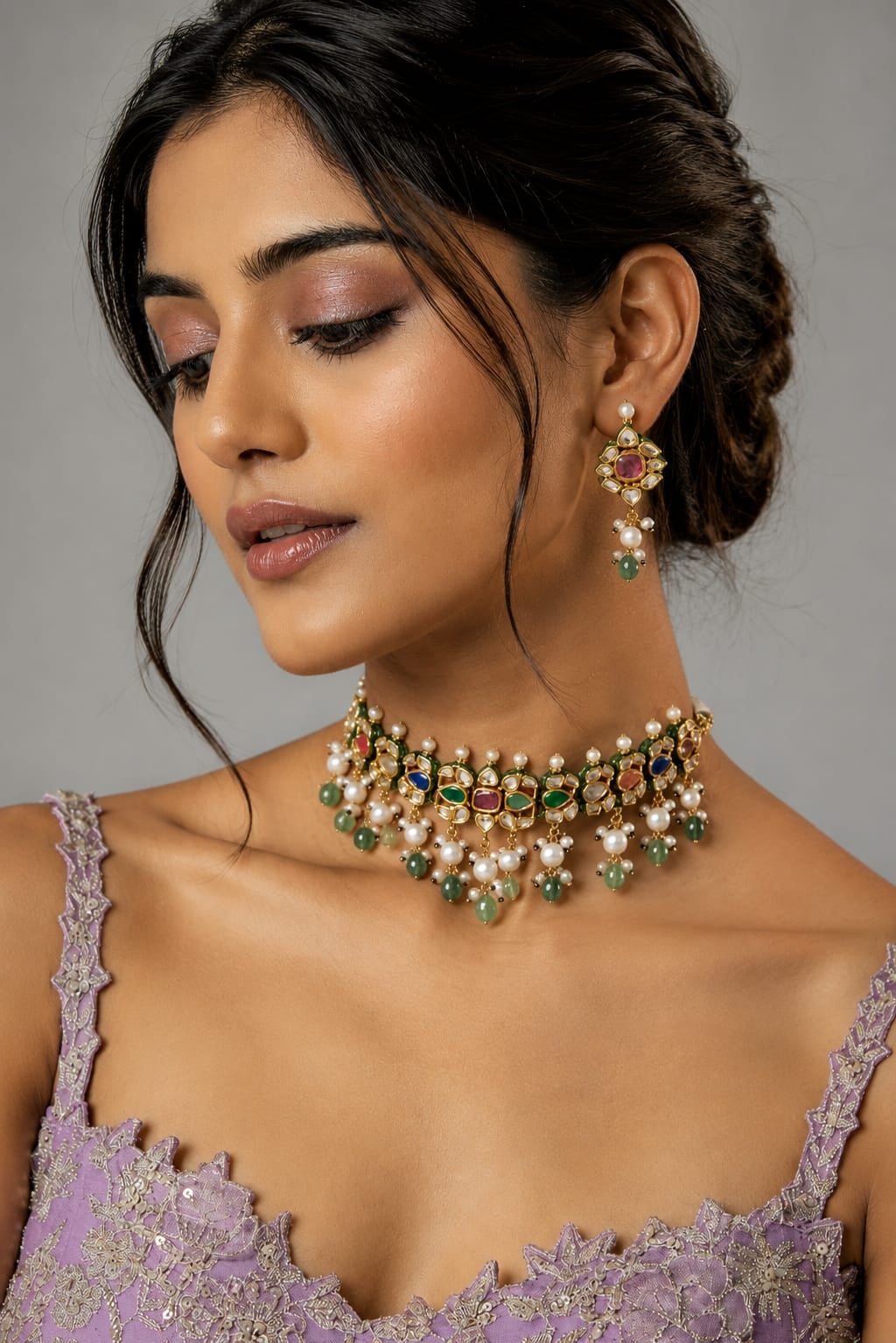 Navratna Jaipuri Kundan Choker Necklace Set with Pearls & Green Beads