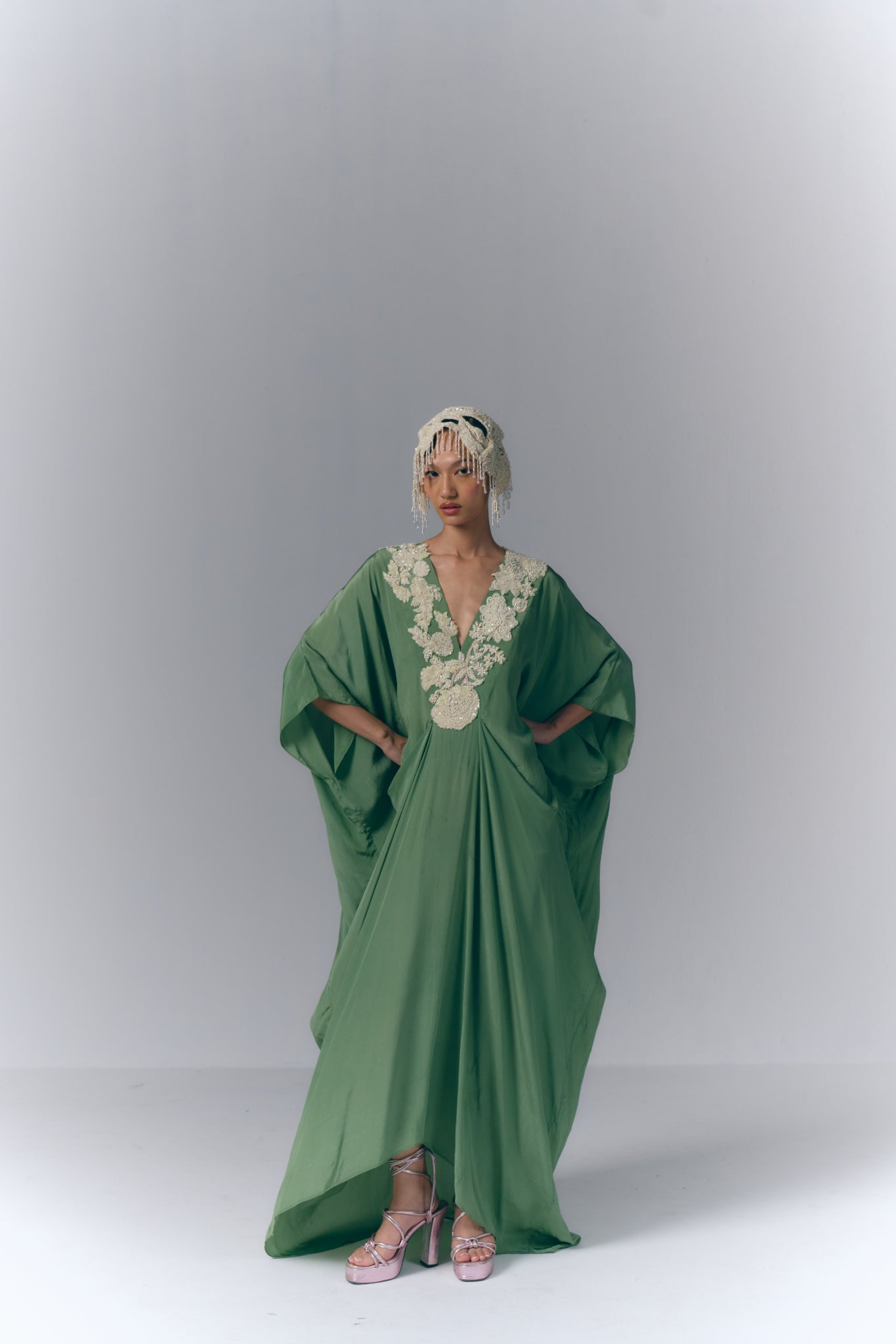 Sage Green Embroidered Draped Kaftan