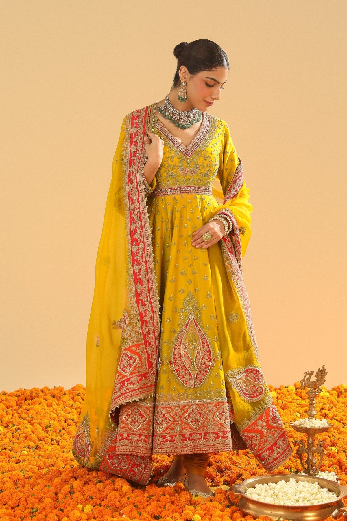 Shazia - Mustard Anarkaali with Chooridaar and Dupatta