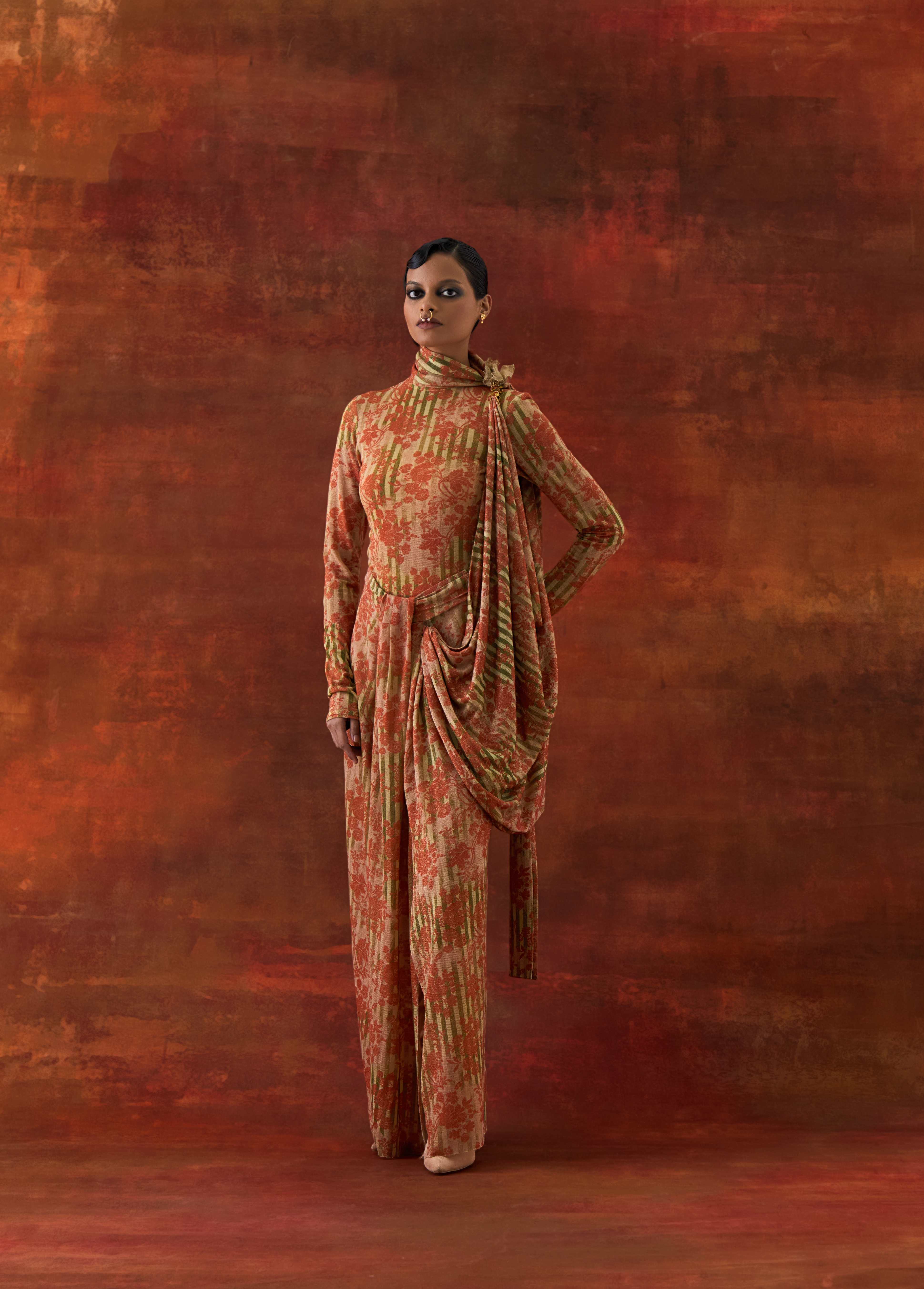 GOLD JERSEY DRAPED SARI + BODY SUIT - image 1