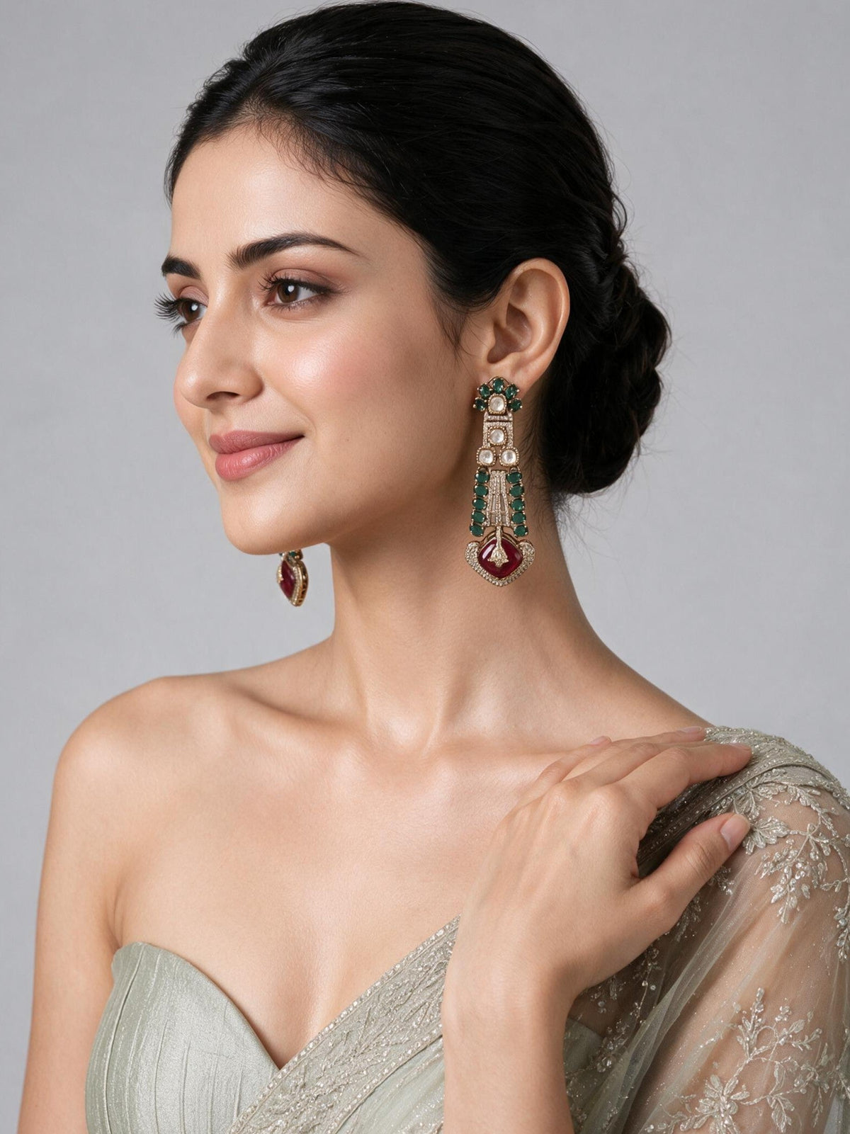 Emerald Ruby Kundan Statement Earrings