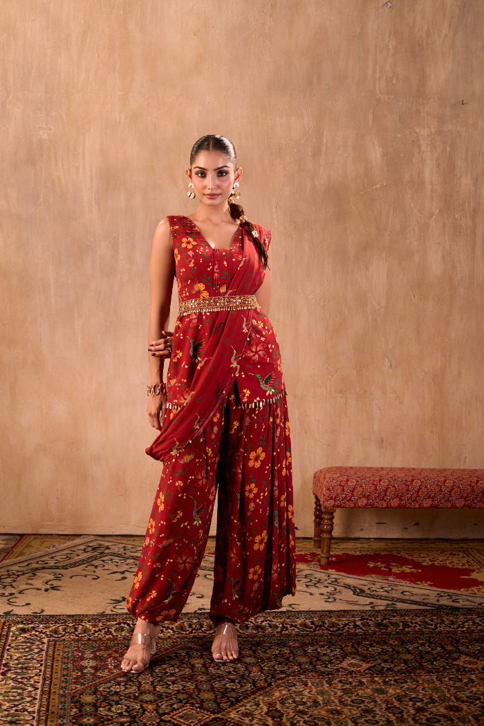 RED PRINT EMBROIDERED PEPLUM TOP, DRAPED PANTS, DRAPE AND BELT SET - image 1