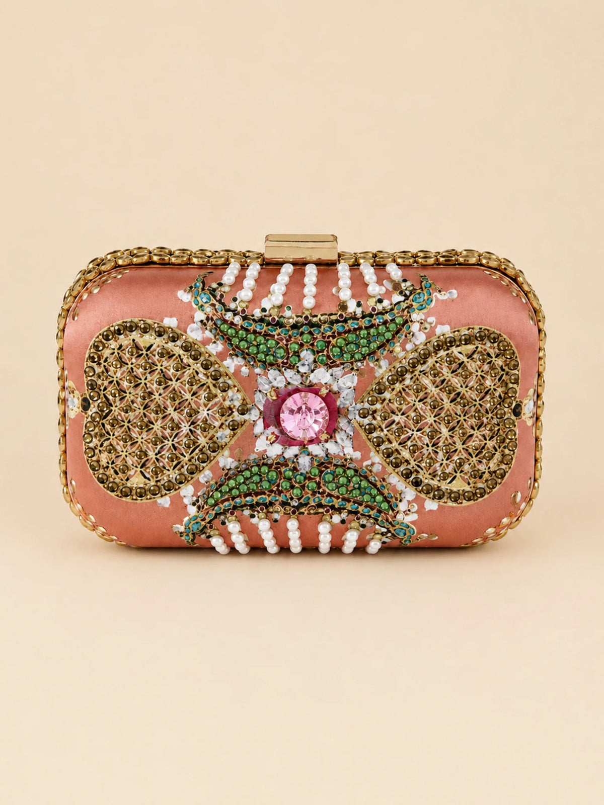 Brown Jewel-Inspired Embellished Clutch Bag with Pearl & Gold Detail