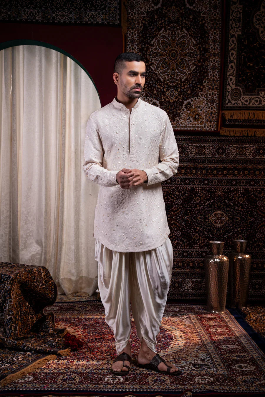Ivory Pearl Embroidered Linen Silk Kurta
