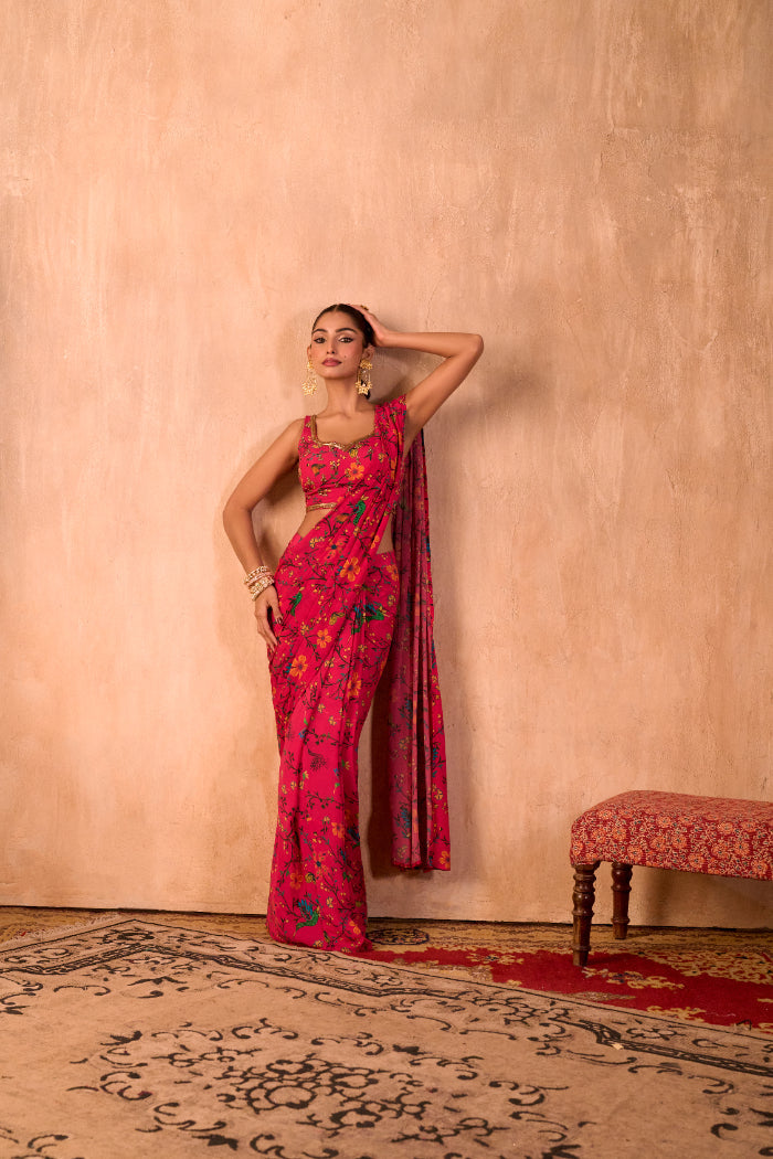 PINK PRINT EMBROIDERED CHOLI WITH PRE-DRAPED SARI SET - image 1