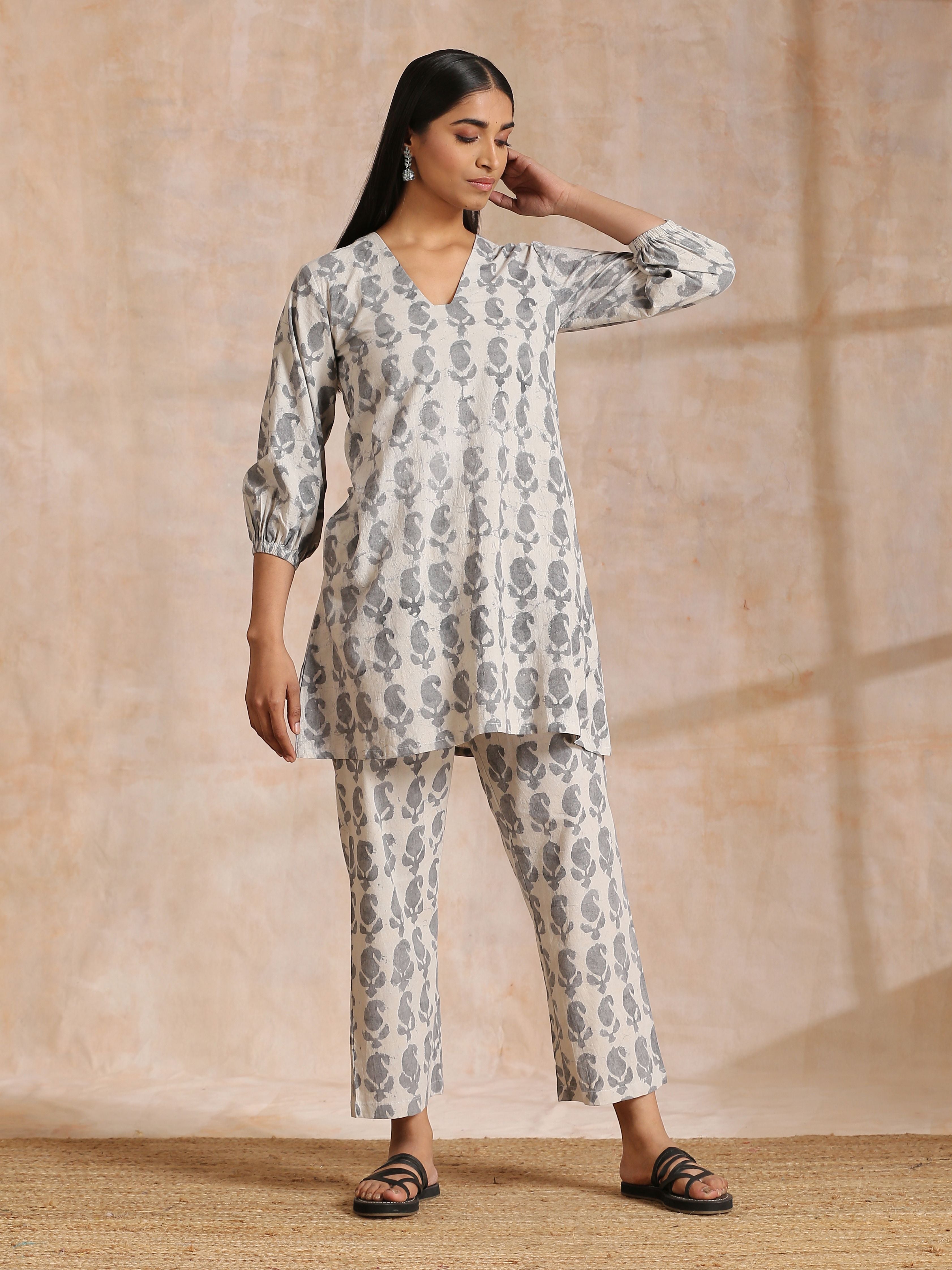Grey Dabu Buta Print Cotton V-Square Neck Co-Ord Set