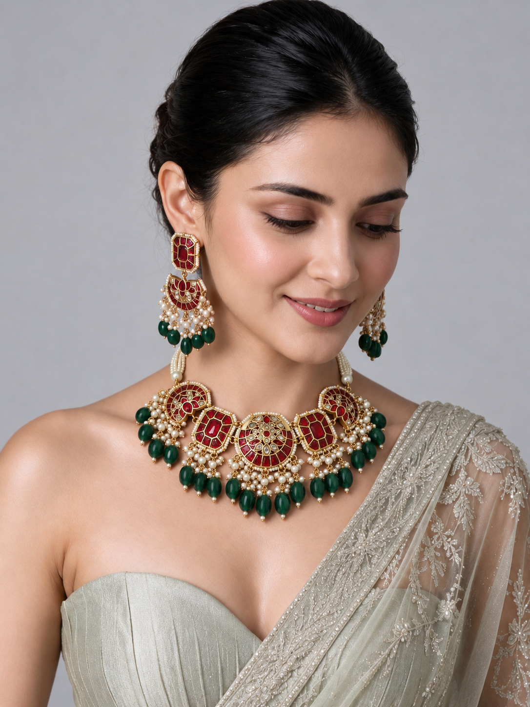 Ruby Green Kundan Bead Necklace Set