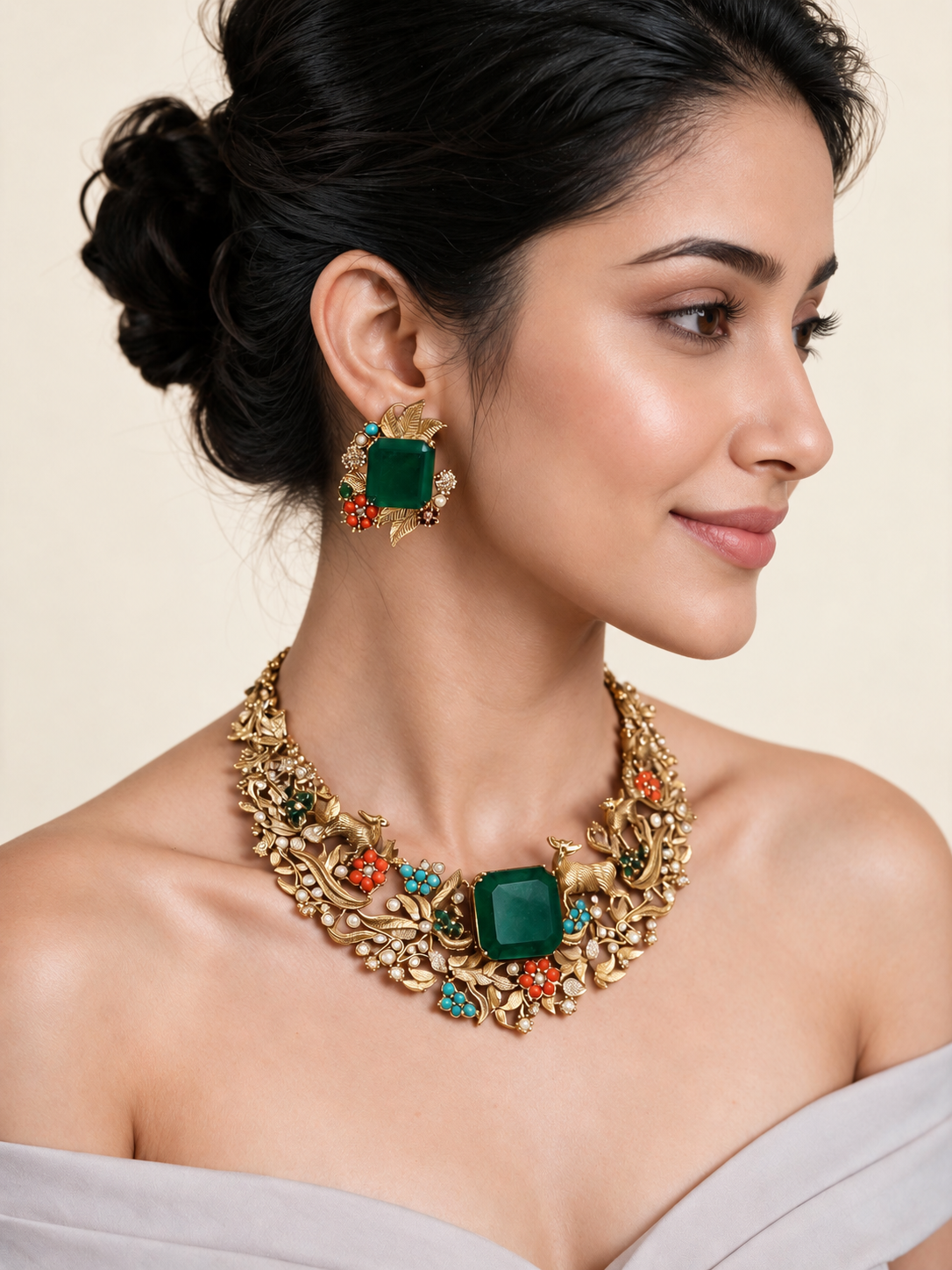 Green Stone Nature Motif Necklace Set