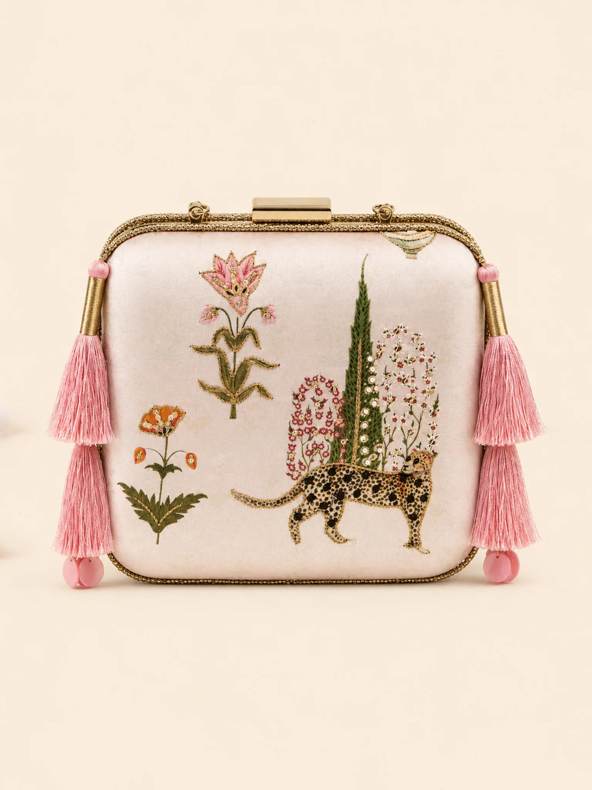 Pink Leopard Print Clutch Bag with Floral Embroidery & Pink Tassels