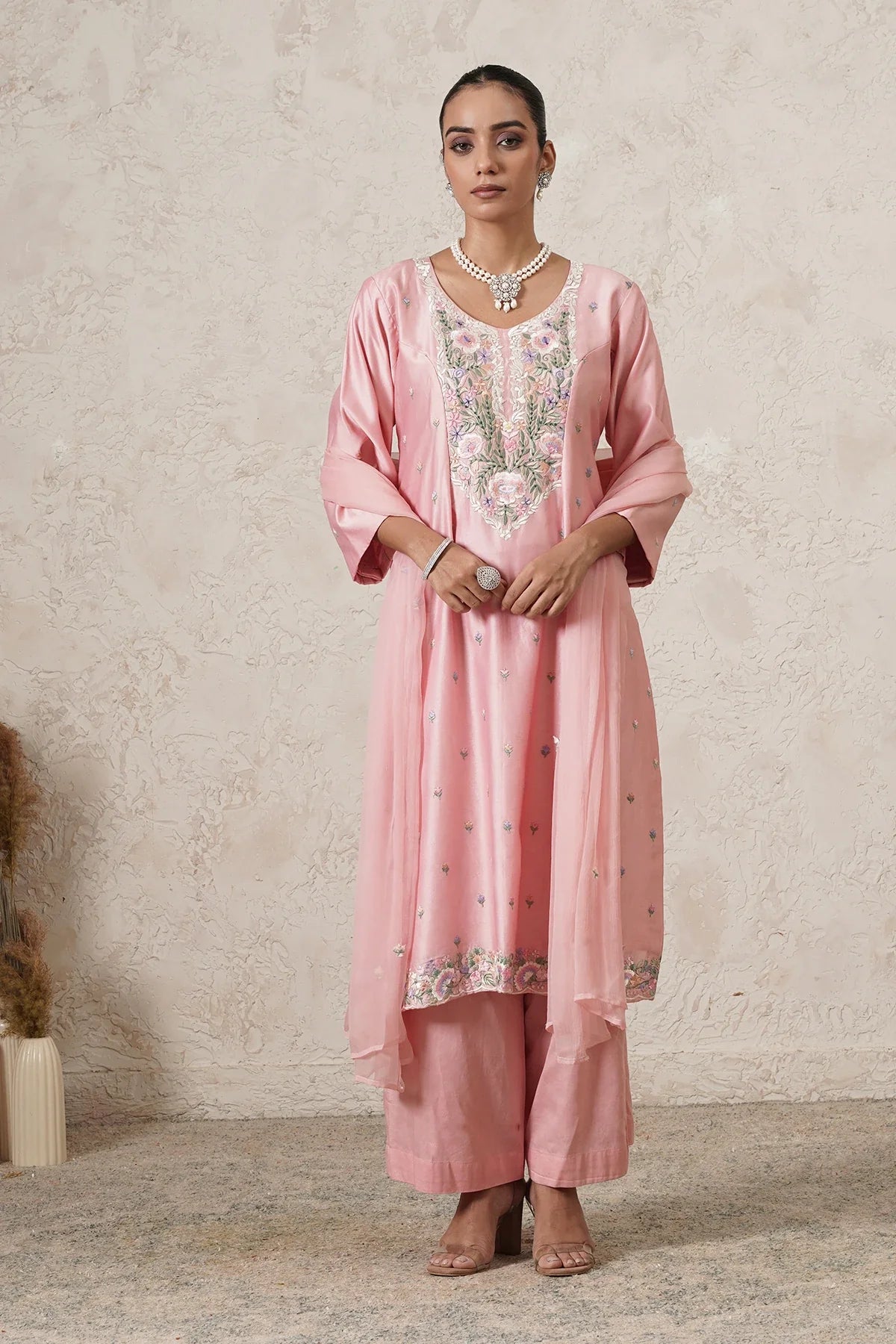 Gulnaar Hand-Embroidered A-Line Kurta Palazzo Set with Dupatta | Dark Pink | Chanderi & Satin | Women | THETAA