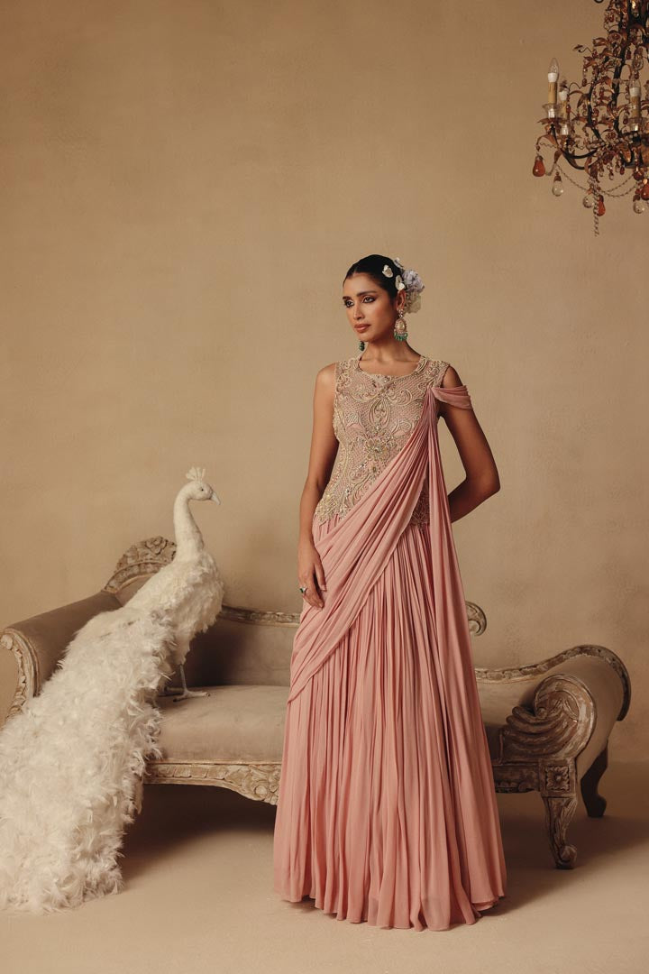 One Piece Pink Drape Hand Embroidery Saree Style