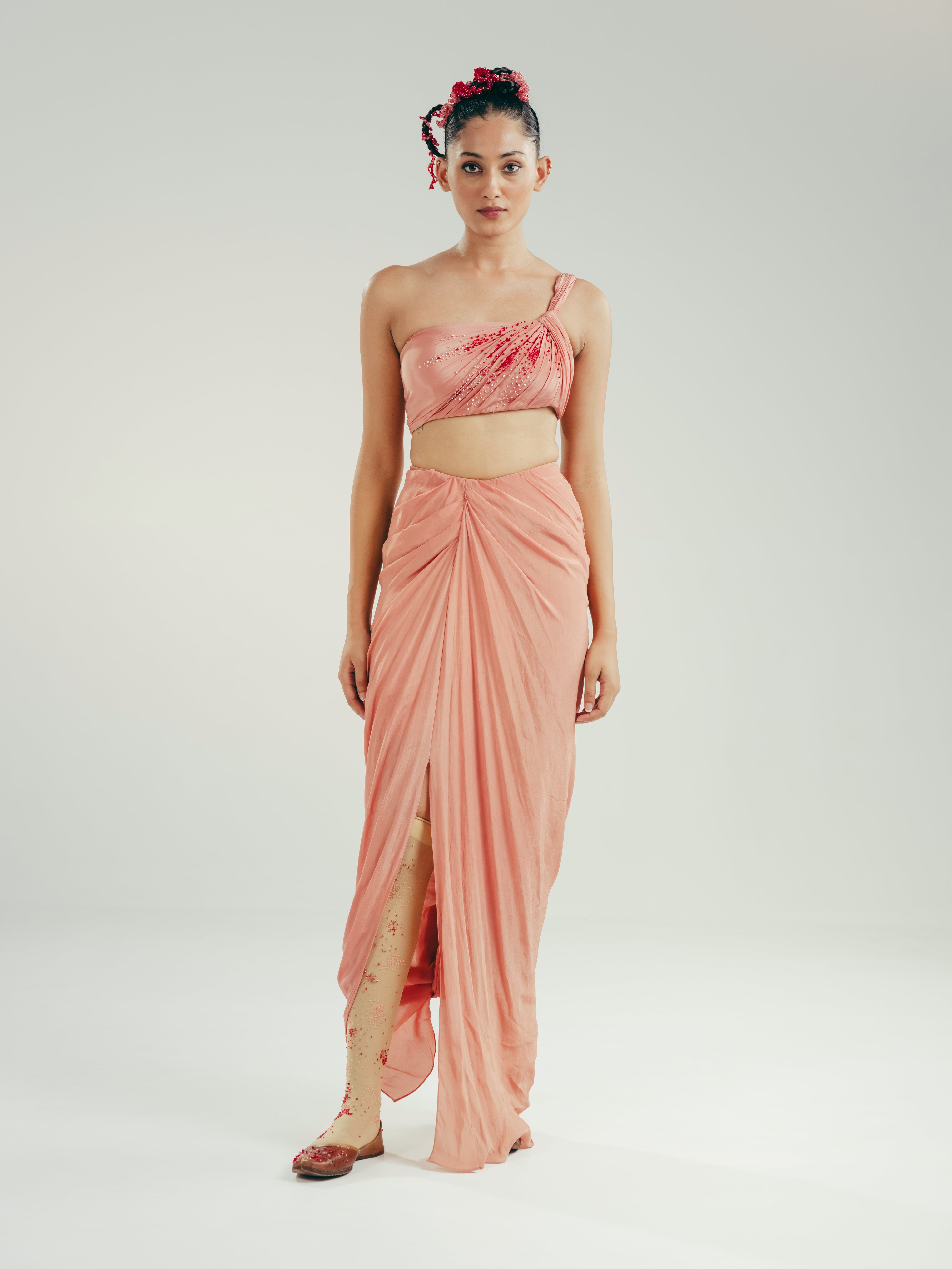 The Dotted One-Shoulder Bustier and Draped Dhoti Skirt Set