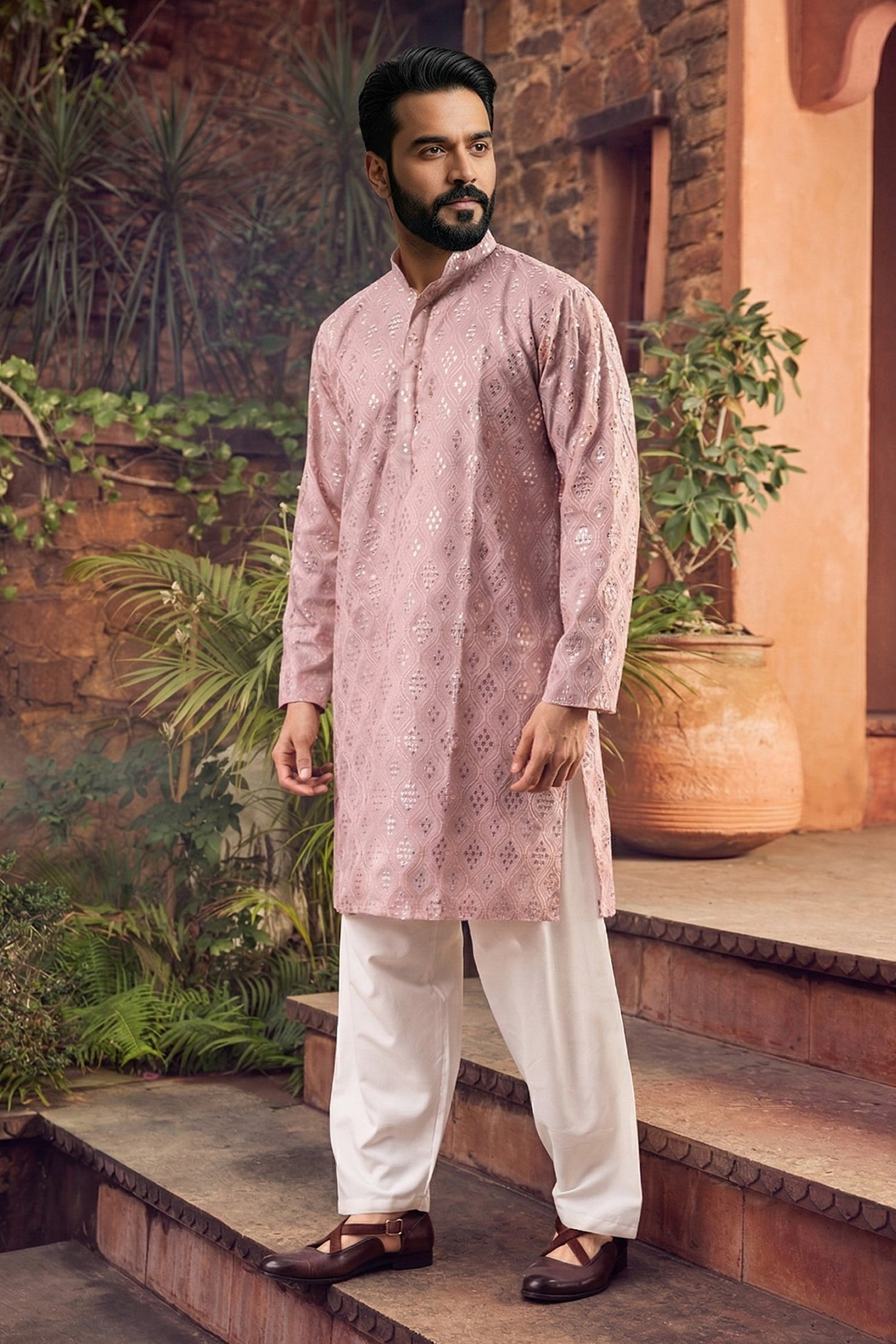Men's Viscose Cream Designer Embroidery Work Kurta with payjama